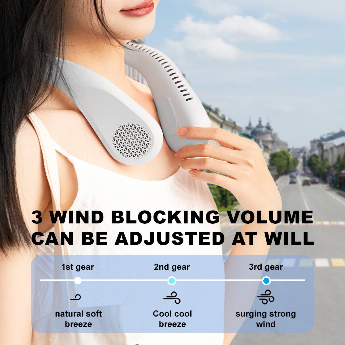 3 WIND BLOCKING VOLUME CAN BE ADJUSTED AT WILL

1st gear: natural soft breeze  
2nd gear: cool breeze  
3rd gear: surging strong wind