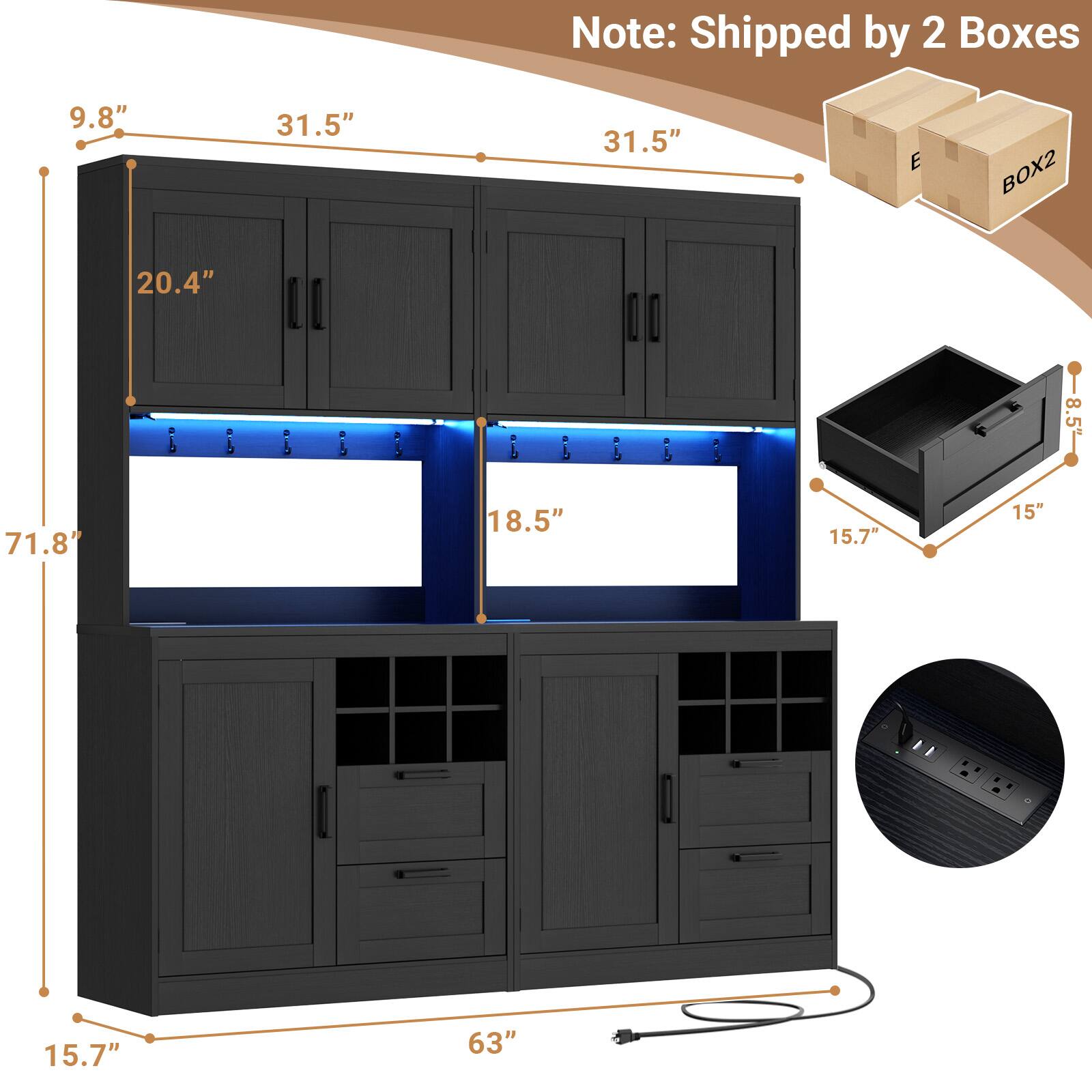 Note: Shipped by 2 Boxes

9.8"  
31.5"  
31.5"  
20.4"  
71.8"  
18.5"  
15.7"  
15"  
15.7"  
63"