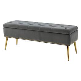 SlickBlue - Modern Mid-Century Bench with Velvet Cushion and Storage for Bedroom - Grey,Gold