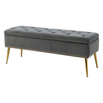 Front. SlickBlue - Modern Mid-Century Bench with Velvet Cushion and Storage for Bedroom - Grey,Gold.