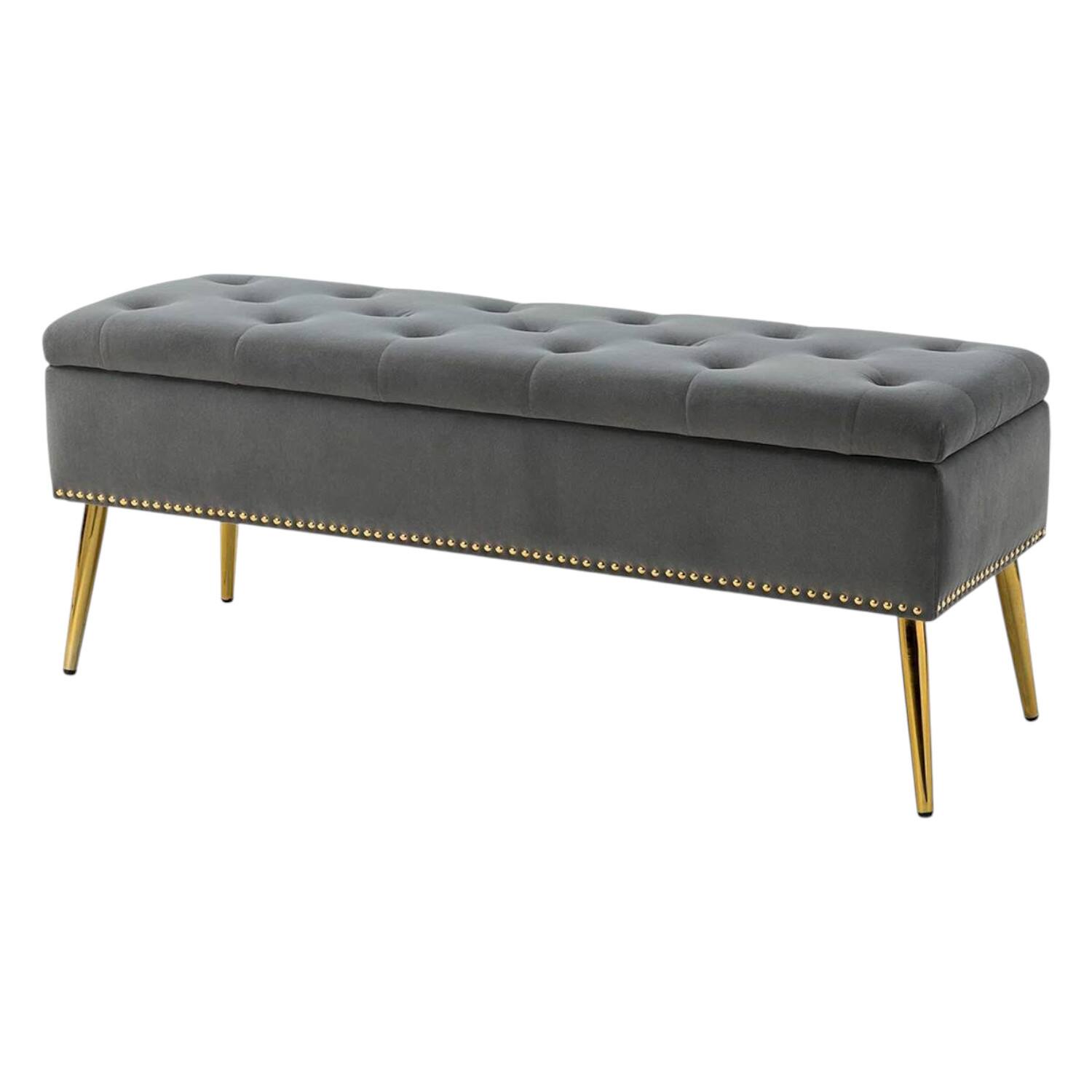 Front. SlickBlue - Modern Mid-Century Bench with Velvet Cushion and Storage for Bedroom - Grey,Gold.