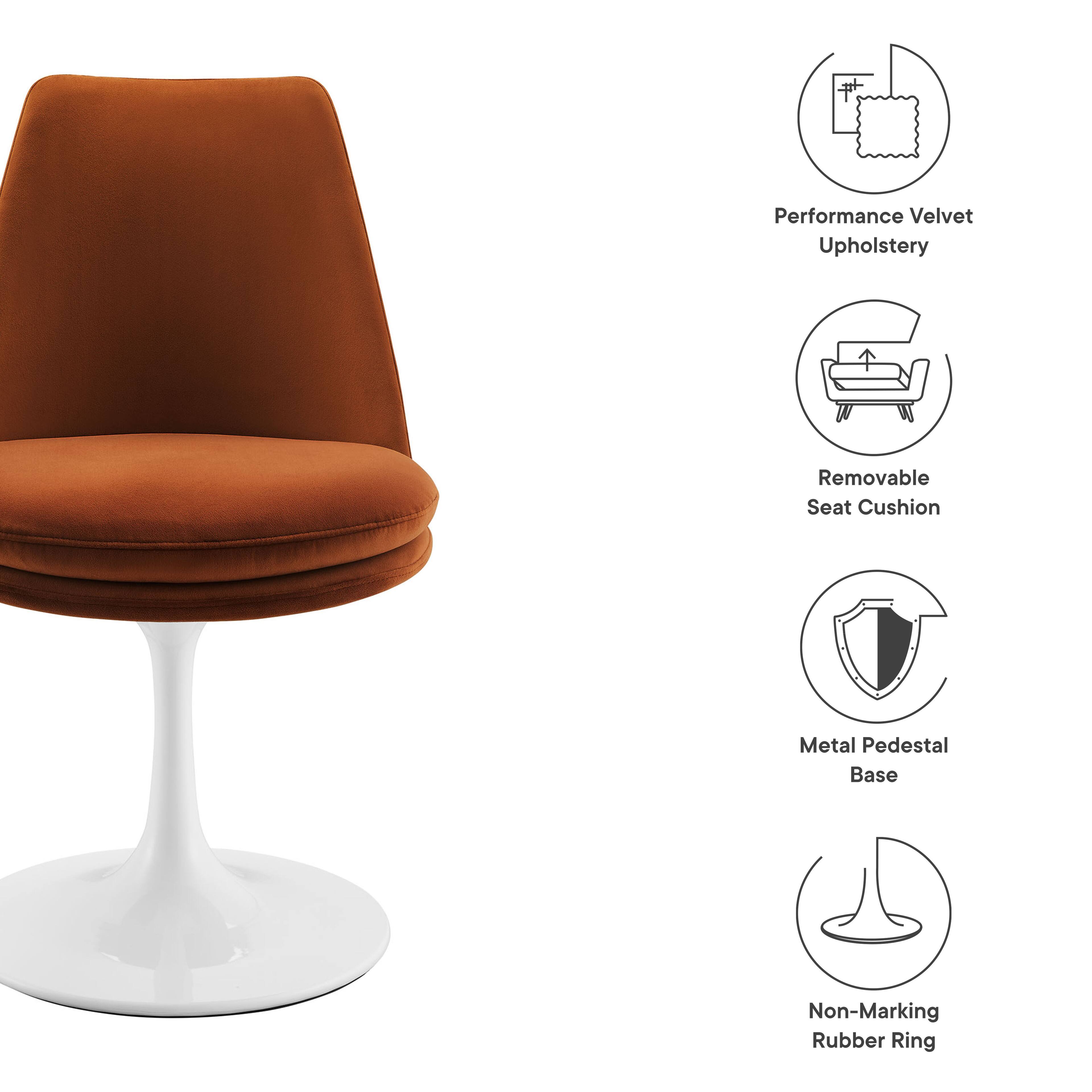 Performance Velvet Upholstery  
Removable Seat Cushion  
Metal Pedestal Base  
Non-Marking Rubber Ring