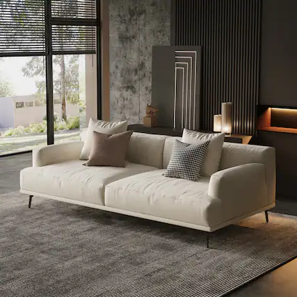 Front. luck idea - 66.1" Breathable Cotton-Linen Fabric Sofa, Solid Wood Frame, High-Elastic Sponge Seat Cushion - Light Beige.