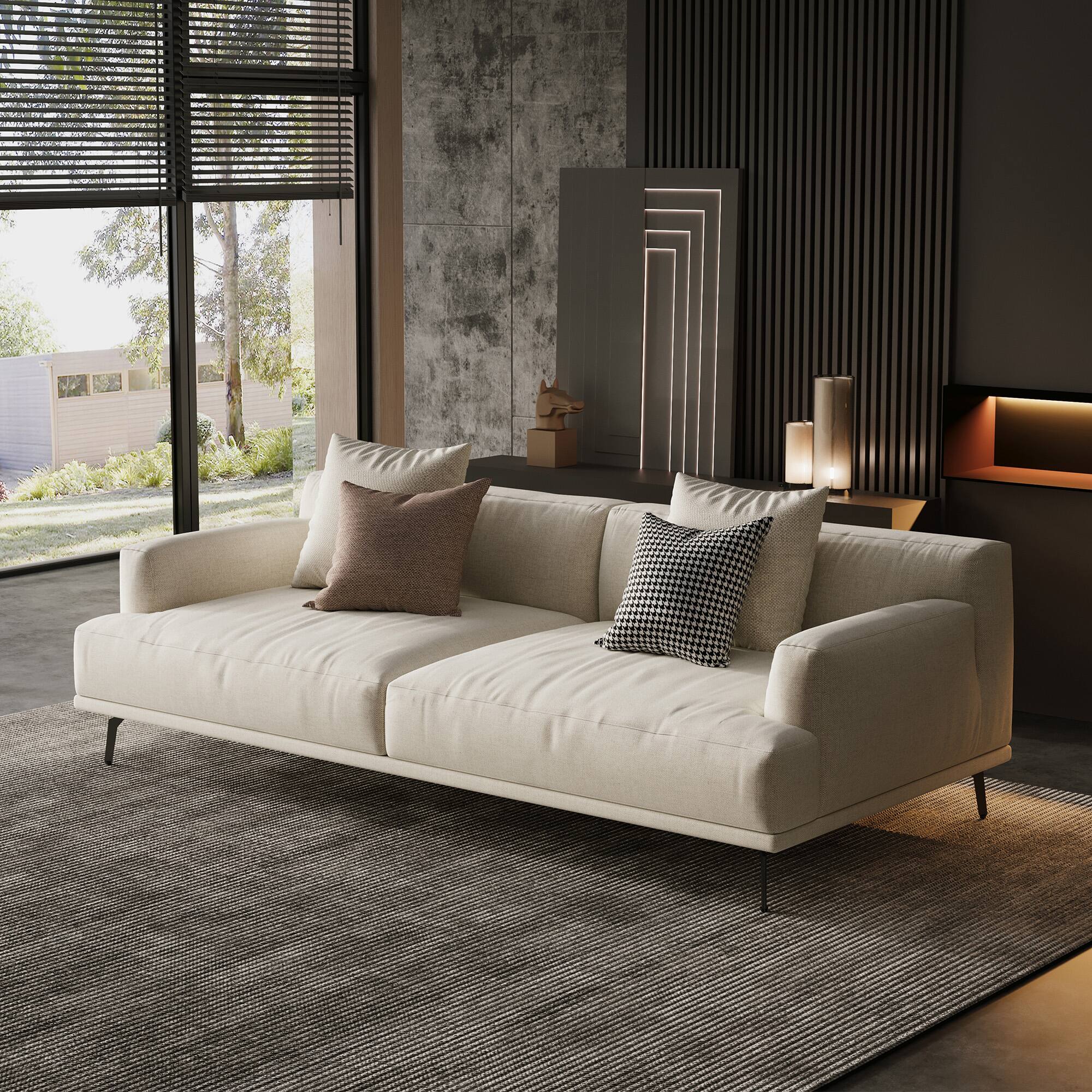 Front. luck idea - 66.1" Breathable Cotton-Linen Fabric Sofa, Solid Wood Frame, High-Elastic Sponge Seat Cushion - Light Beige.