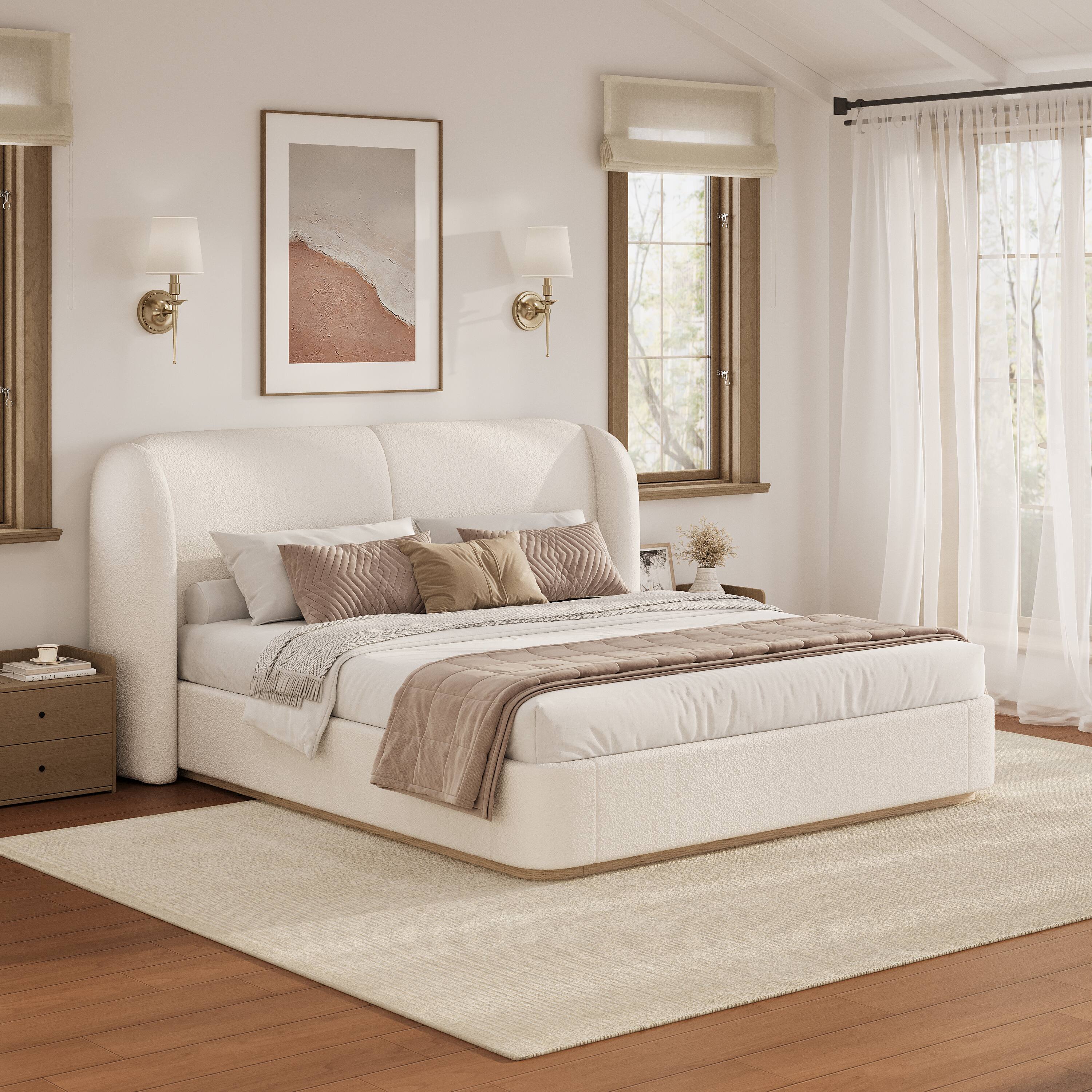 Front. Whisen - Queen Size Platform Bed with Fabric Upholstered Headboard and Wing Side for Bedroom - Beige.