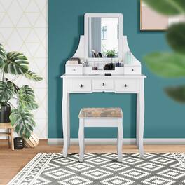 Gymax - Vanity Set Makeup Dressing Table & Stool w/5 Drawers - White