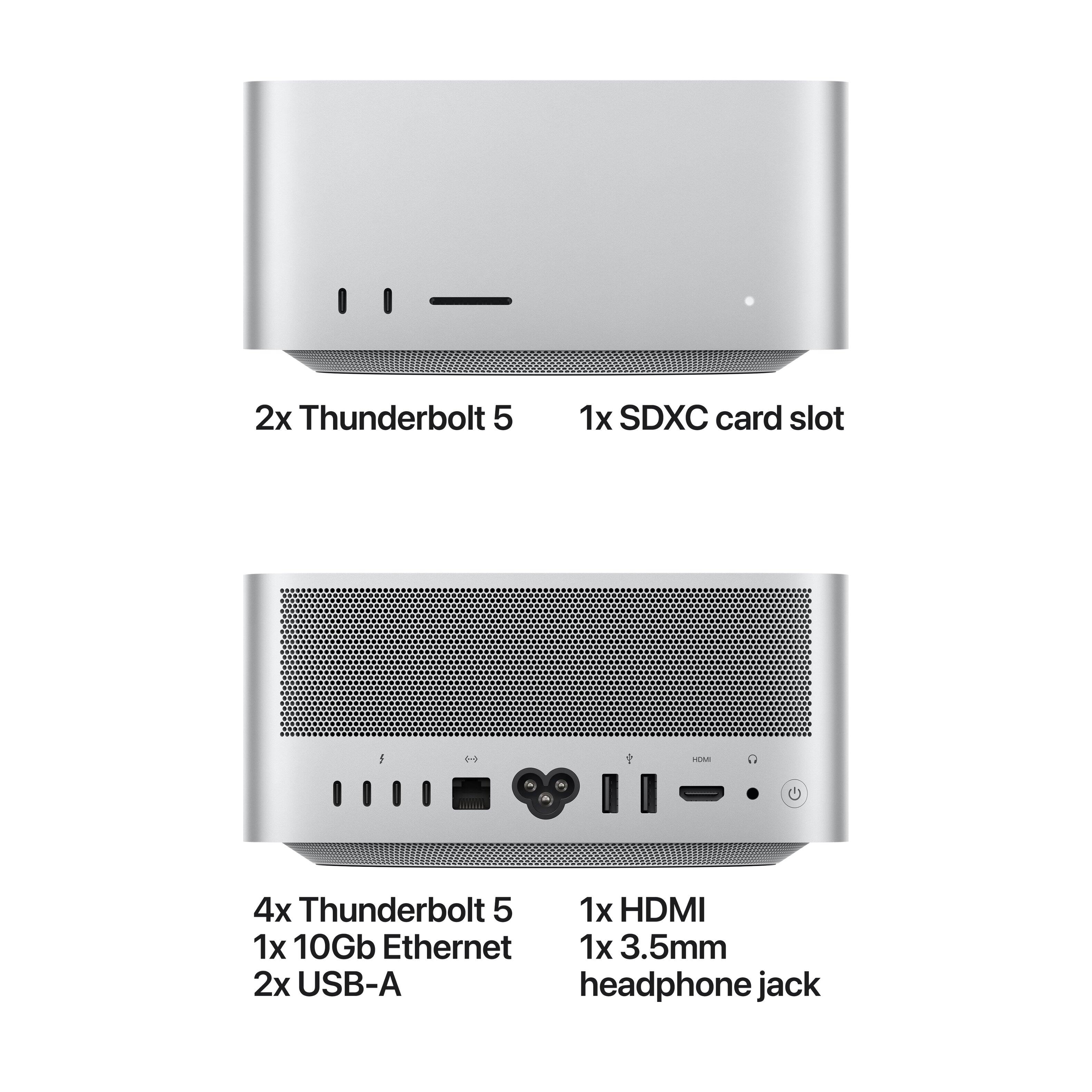 2x Thunderbolt 5  
1x SDXC card slot  

4x Thunderbolt 5  
1x HDMI  
1x 10Gb Ethernet  
1x 3.5mm headphone jack  
2x USB-A