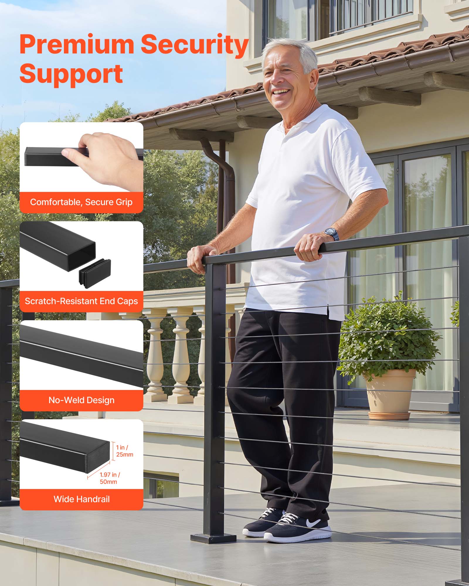 Premium Security Support

- Comfortable, Secure Grip
- Scratch-Resistant End Caps
- No-Weld Design
- Wide Handrail
  - 1 in / 25mm
  - 1.97 in / 50mm