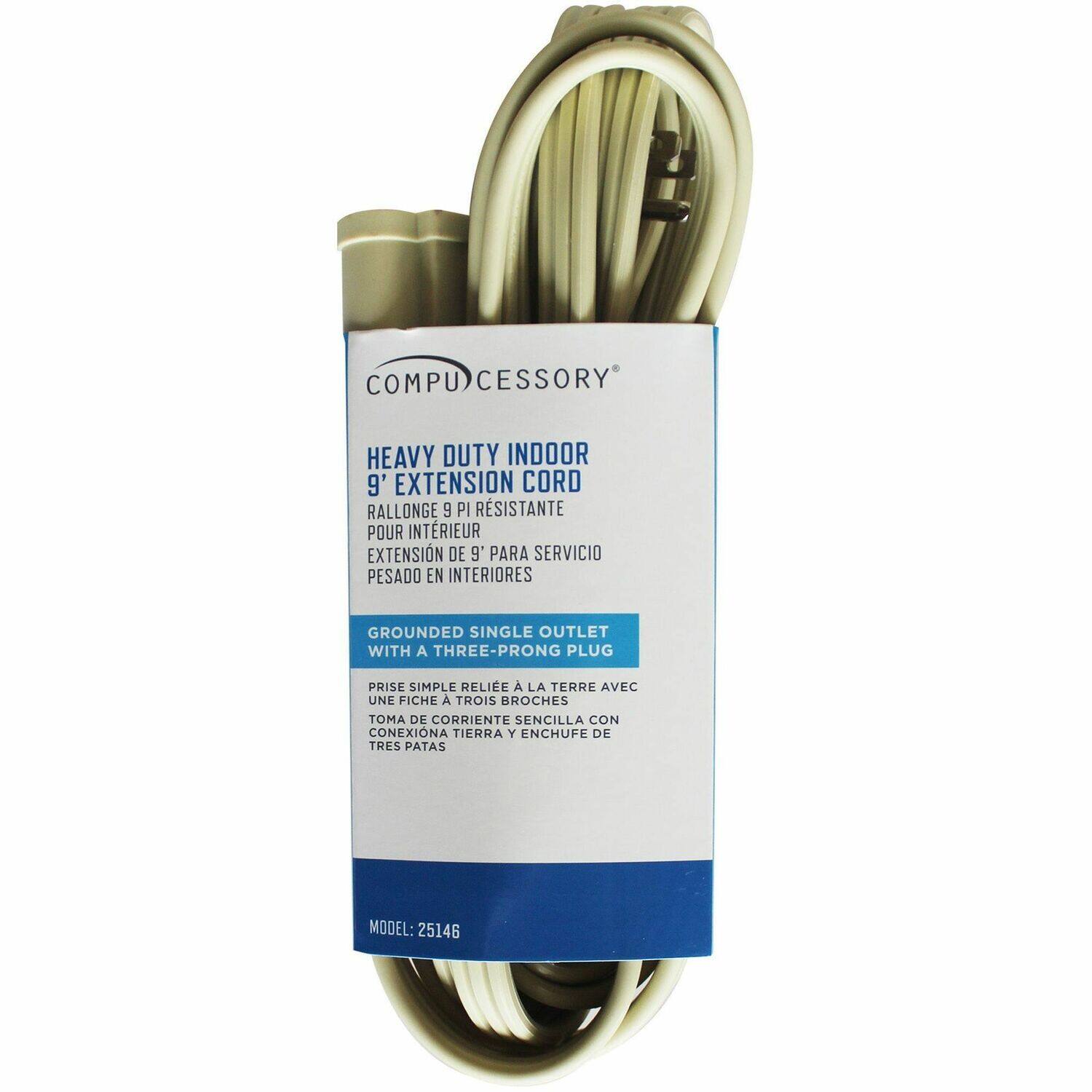 COMPU CESSORY HEAVY DUTY INDOOR 9' EXTENSION CORD RALLONGE 9 PI RESISTANTE POUR INTERIEUR EXTENSION DE 9' PARA SERVICIO PESADO EN INTERIORES GROUNDED SINGLE OUTLET WITH A THREE-PRONG PLUG PRISE SIMPLE RELIEE A LA TERRE AVEC UNE FICHE A TROIS BROCHES TOMA DE CORRIENTE SENCILLA CON CONEXION TIERRA Y ENCHUFE DE TRES PATAS MODEL: 25146