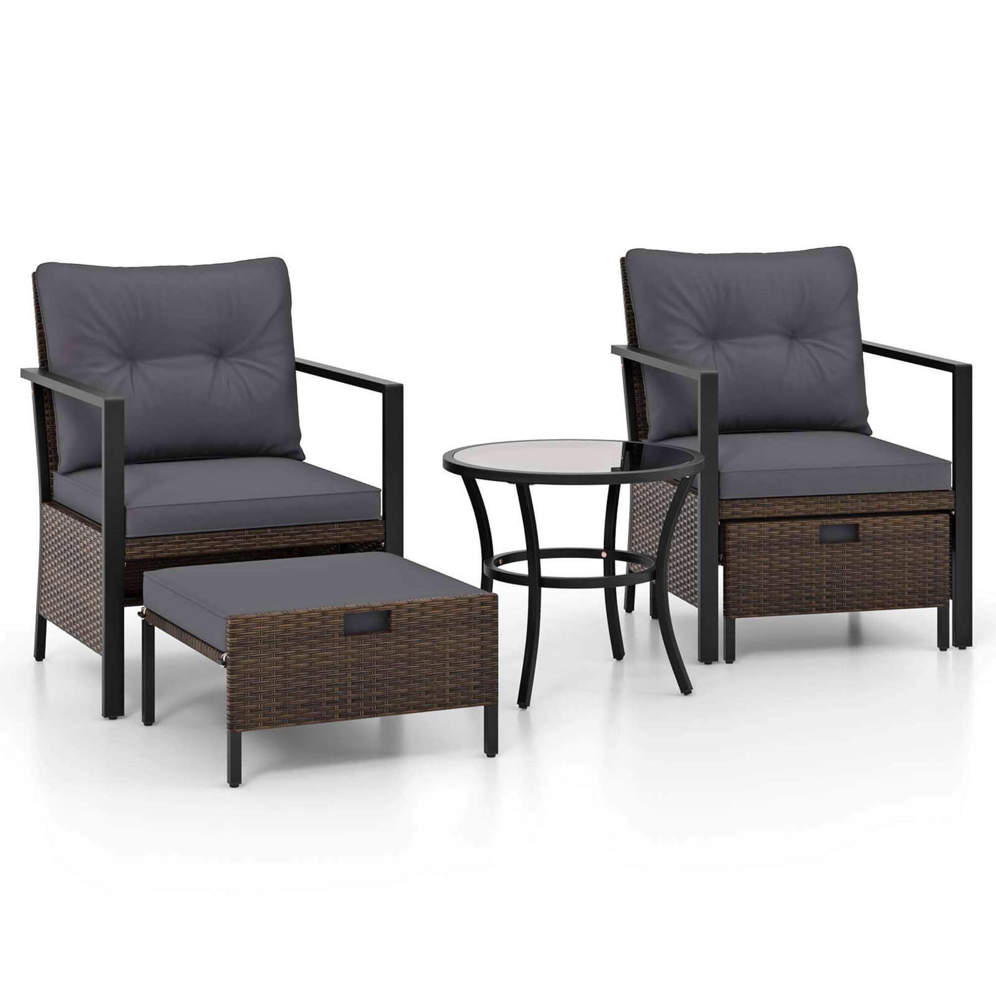 Alt View 3. Gymax - Gymax Set of 5 Furniture Set Rattan Chairs & Ottomans w/ Glass Topped Coffee Table Patio Gray - Gray.