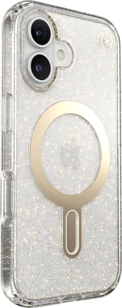 Left. Speck - Presidio Lux Case with MagSafe for Apple iPhone 16 - Clear/Gold Glitter.
