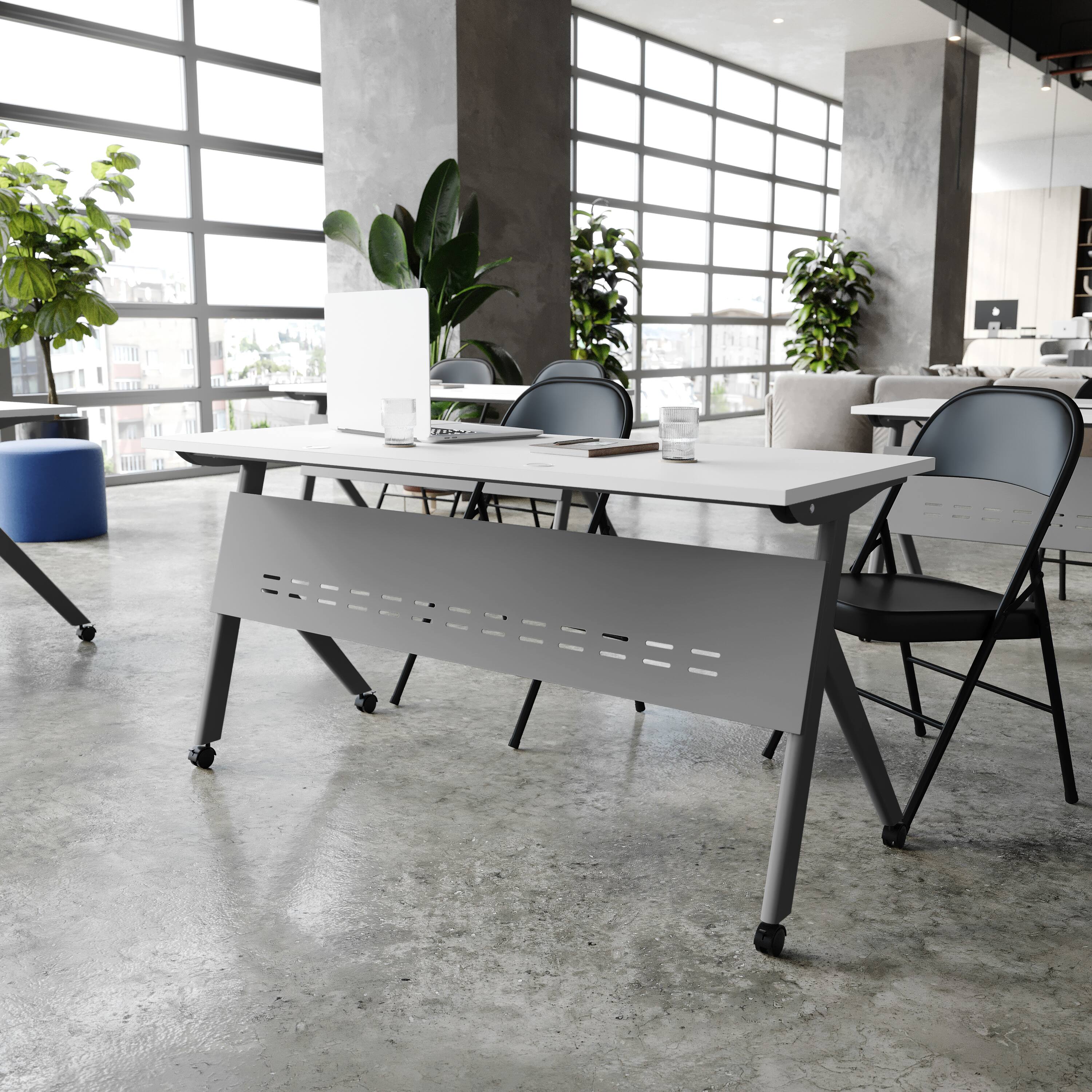 Alt View 2. Flash Furniture - Davis Commercial Grade 60" x 24" Heavy-Duty Nesting Flip Training Table with Y-Legs, Modesty Panel, 1" Thick White Table - White.