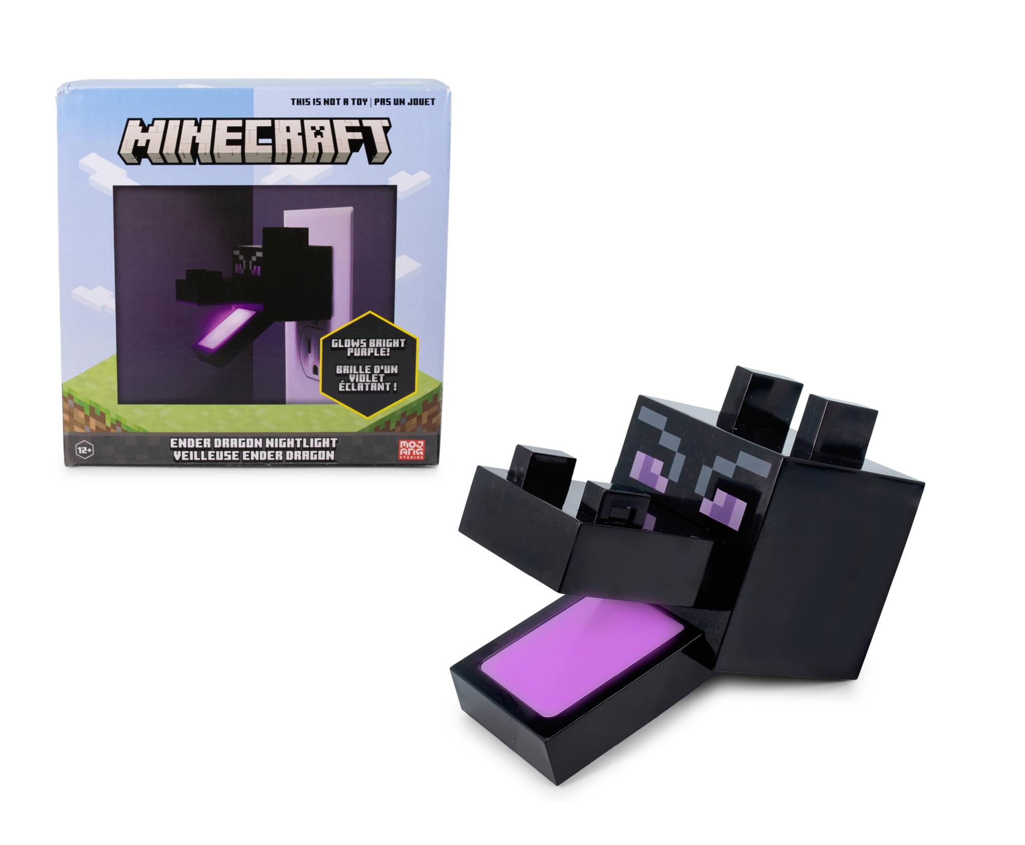 THIS IS NOT A TOY. PASS IN JUDEUT

MINECRAFT

GLOWS BRIGHT PURPLE!
BRILLE D'UN VIOLET ÉCLATANT!
ECRATANT!

ENDER DRAGON NIGHTLIGHT
VEILLEUSE ENDER DRAGON

MOJANG