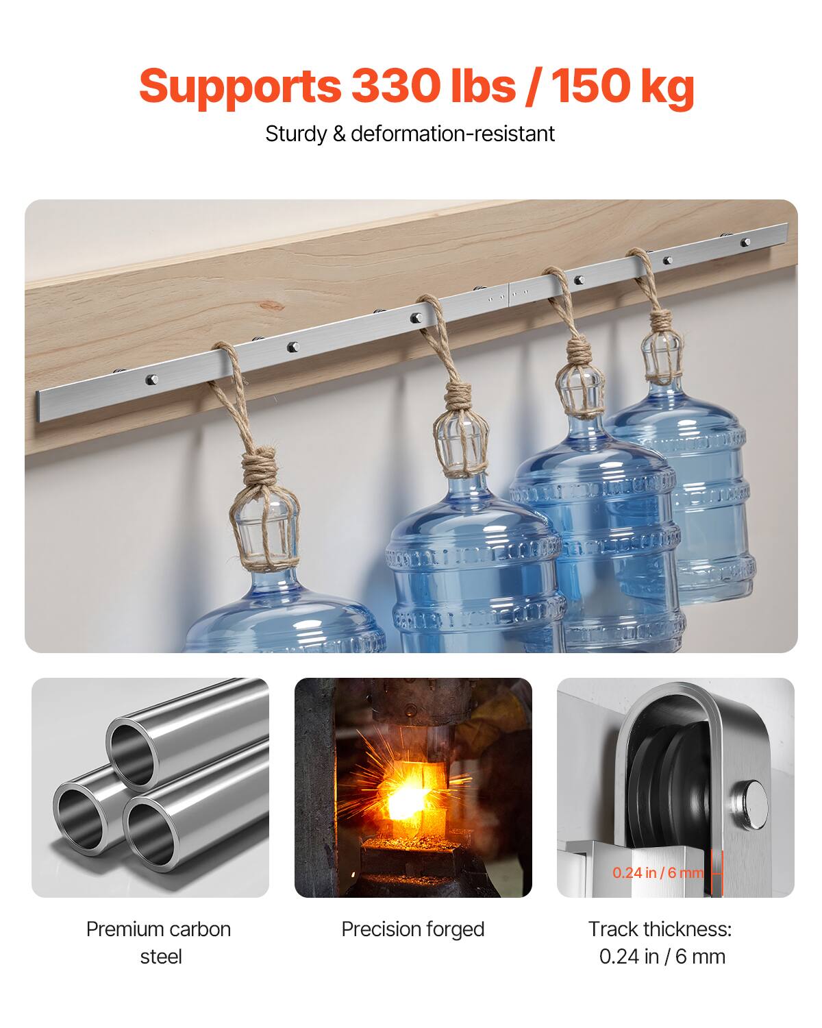 Supports 330 lbs / 150 kg  
Sturdy & deformation-resistant  

Premium carbon steel  
Precision forged  
Track thickness: 0.24 in / 6 mm