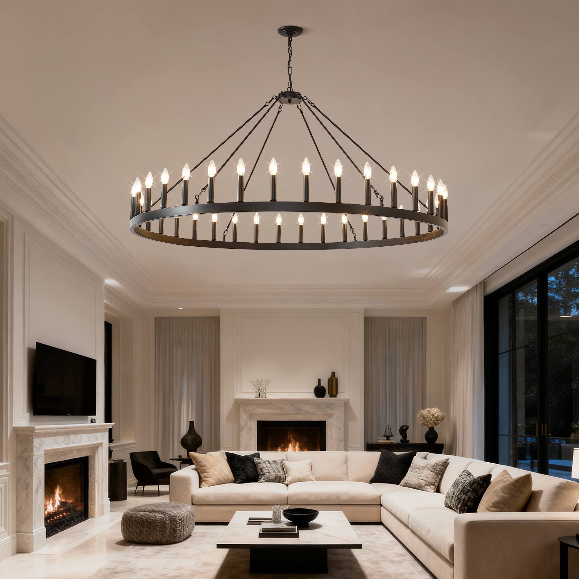 Front. Boyel Living - 59.1 Inch 36 Light Extra Large Wagon Wheel Chandelier Black Farmhouse Round Wheel Chandelier Light Fixtures Wagon Wheel.
