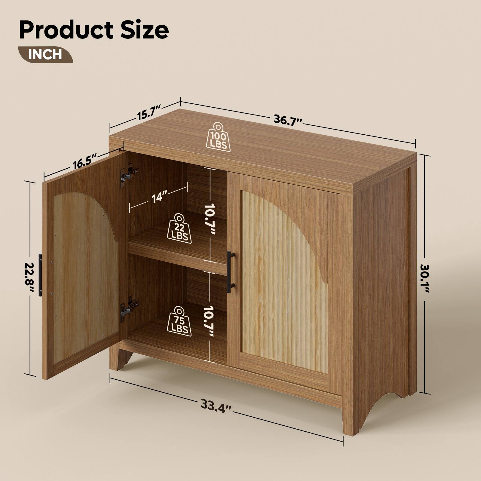 Product Size  
INCH  
16.5"  
15.7"  
36.7"  
22.8"  
14"  
10.7"  
10.7"  
30.1"  
33.4"