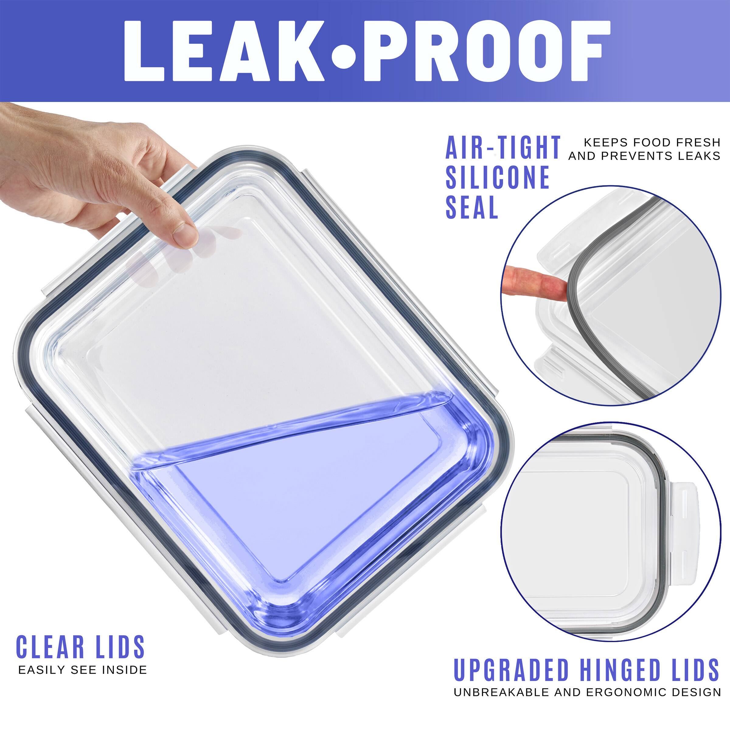 LEAK-PROOF

- AIR-TIGHT SILICONE SEAL
  - KEEPS FOOD FRESH AND PREVENTS LEAKS

- CLEAR LIDS
  - EASILY SEE INSIDE

- UPGRADED HINGED LIDS
  - UNBREAKABLE AND ERGONOMIC DESIGN