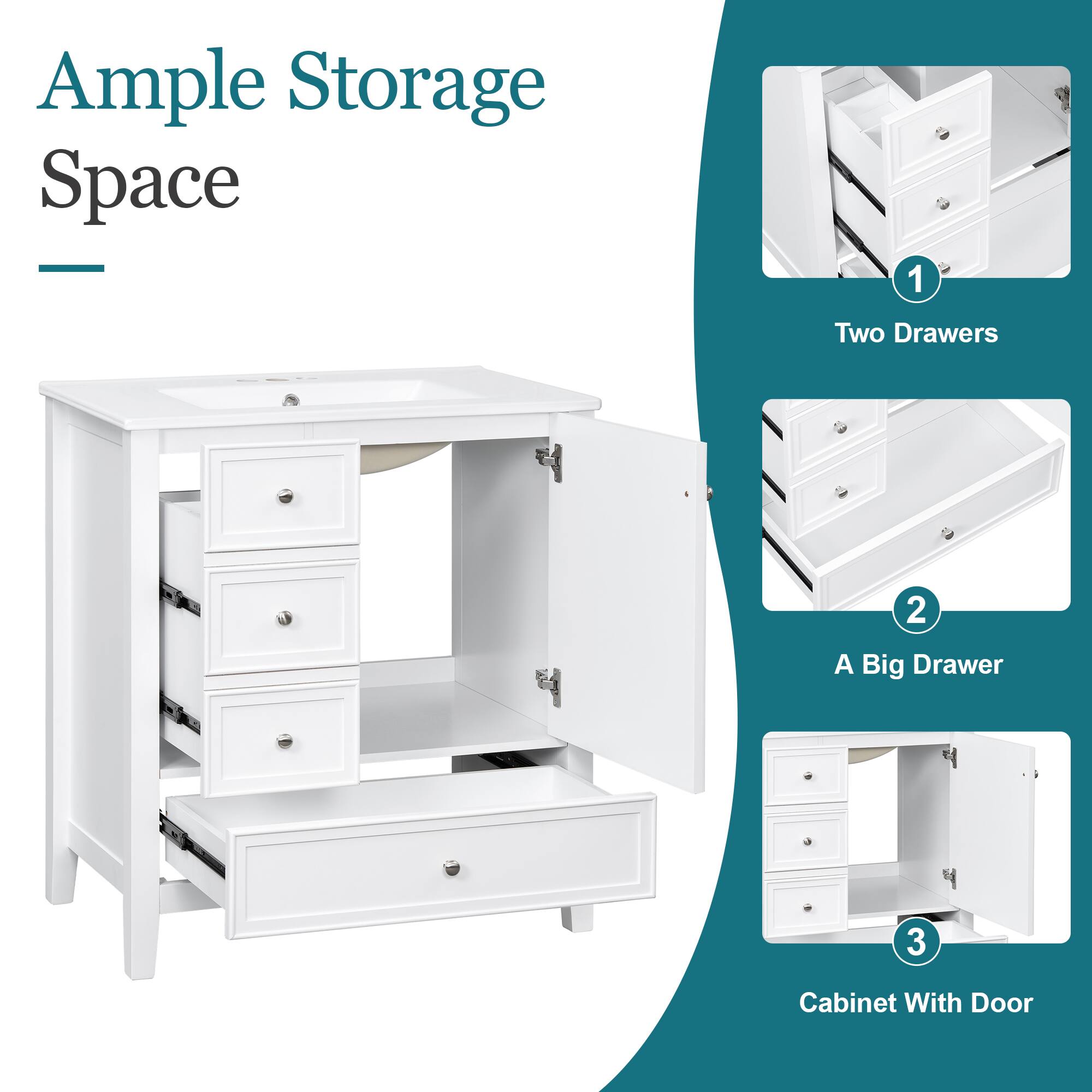 Ample Storage Space

1. Two Drawers
2. A Big Drawer
3. Cabinet With Door