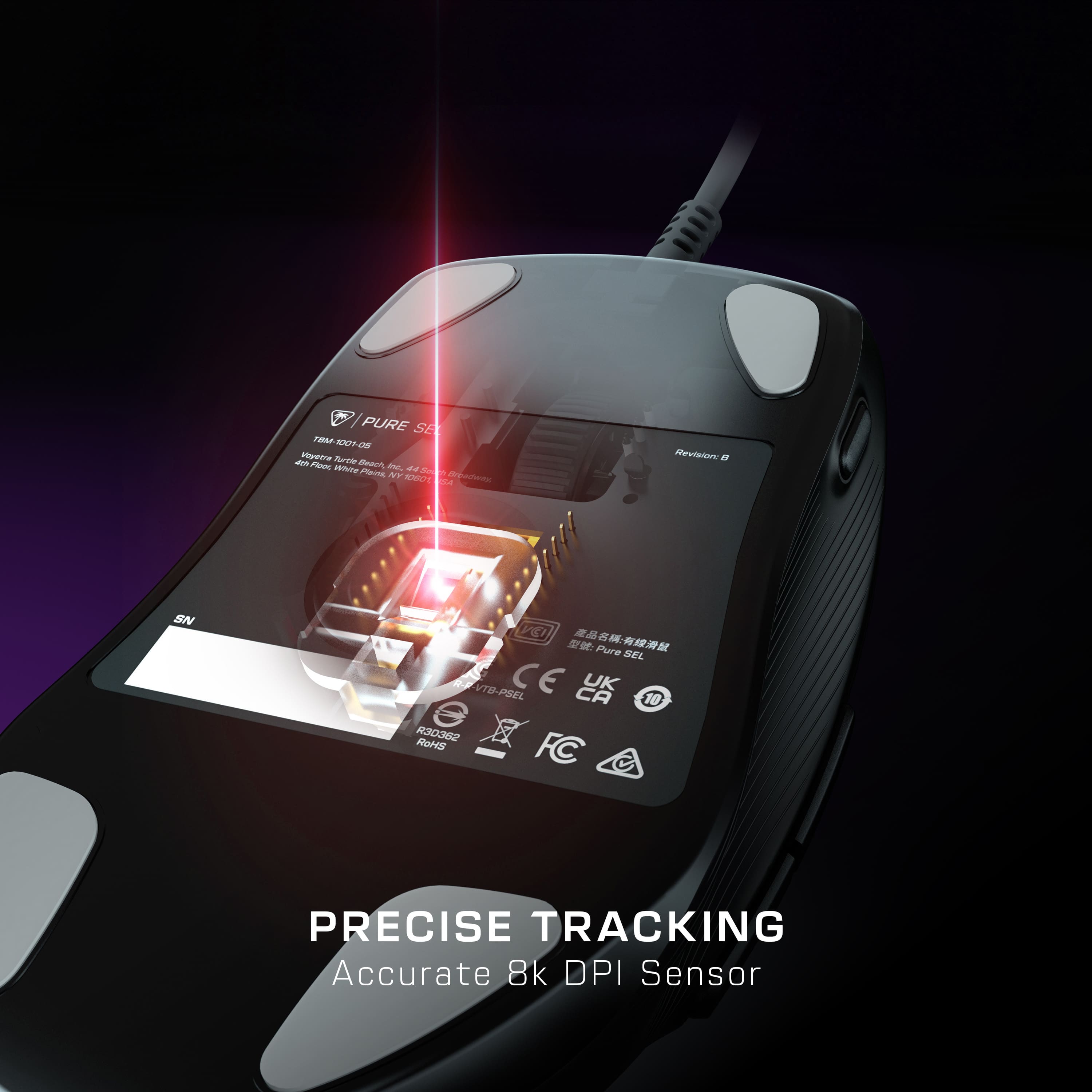 The text on the image reads: "Precise Tracking Accurate 8k DPI Sensor."