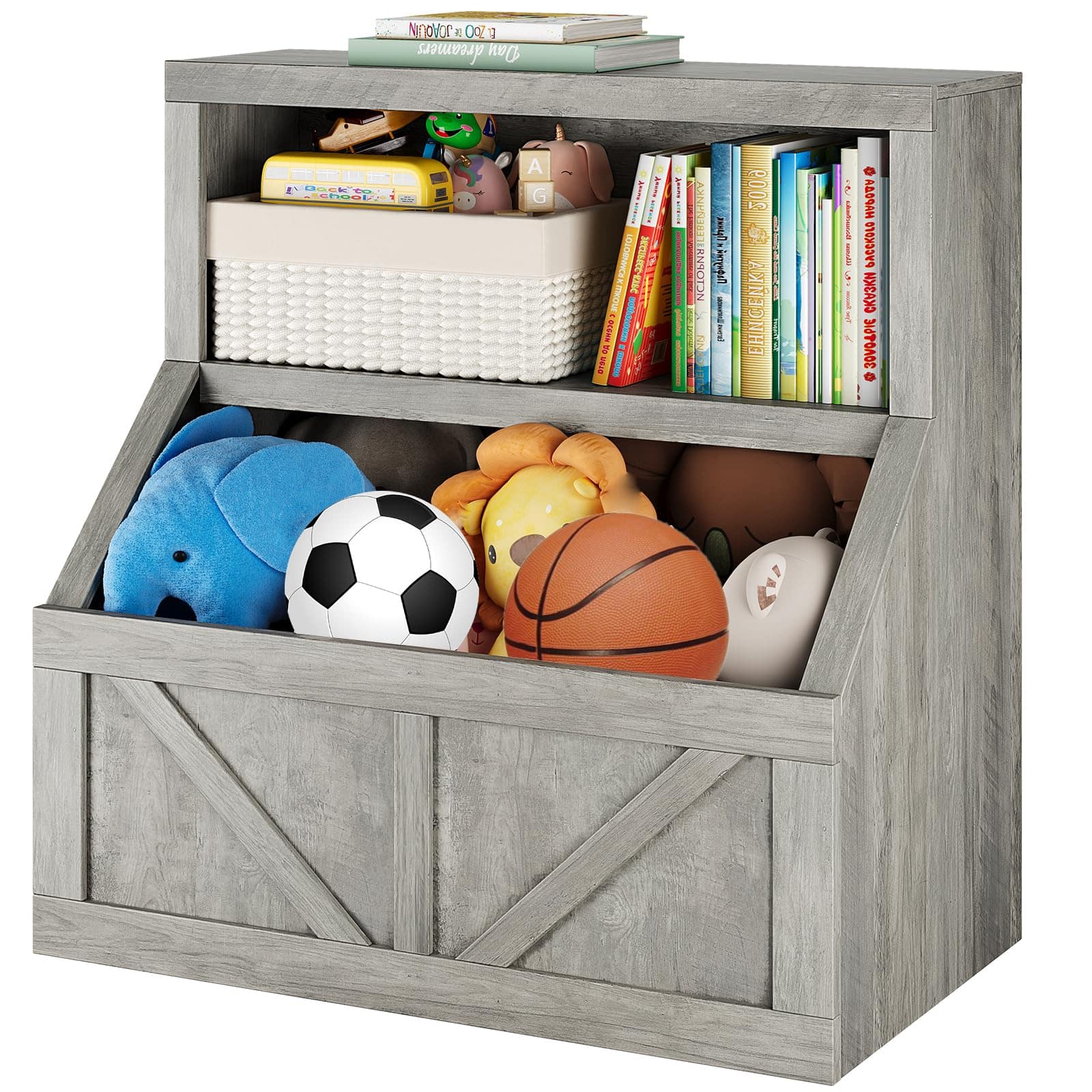Jojoka - Kids Toy Storage Cabinet and Bookshelf, Wooden 2-Tier Organizer with Large Cubbies for Playroom, Bedroom & Nursery - Gray