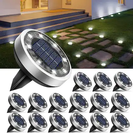 Front. MOSZAR LLC - 16 Pack Solar Ground Lights Outdoor, 8 LED Solar Disc - Wh.