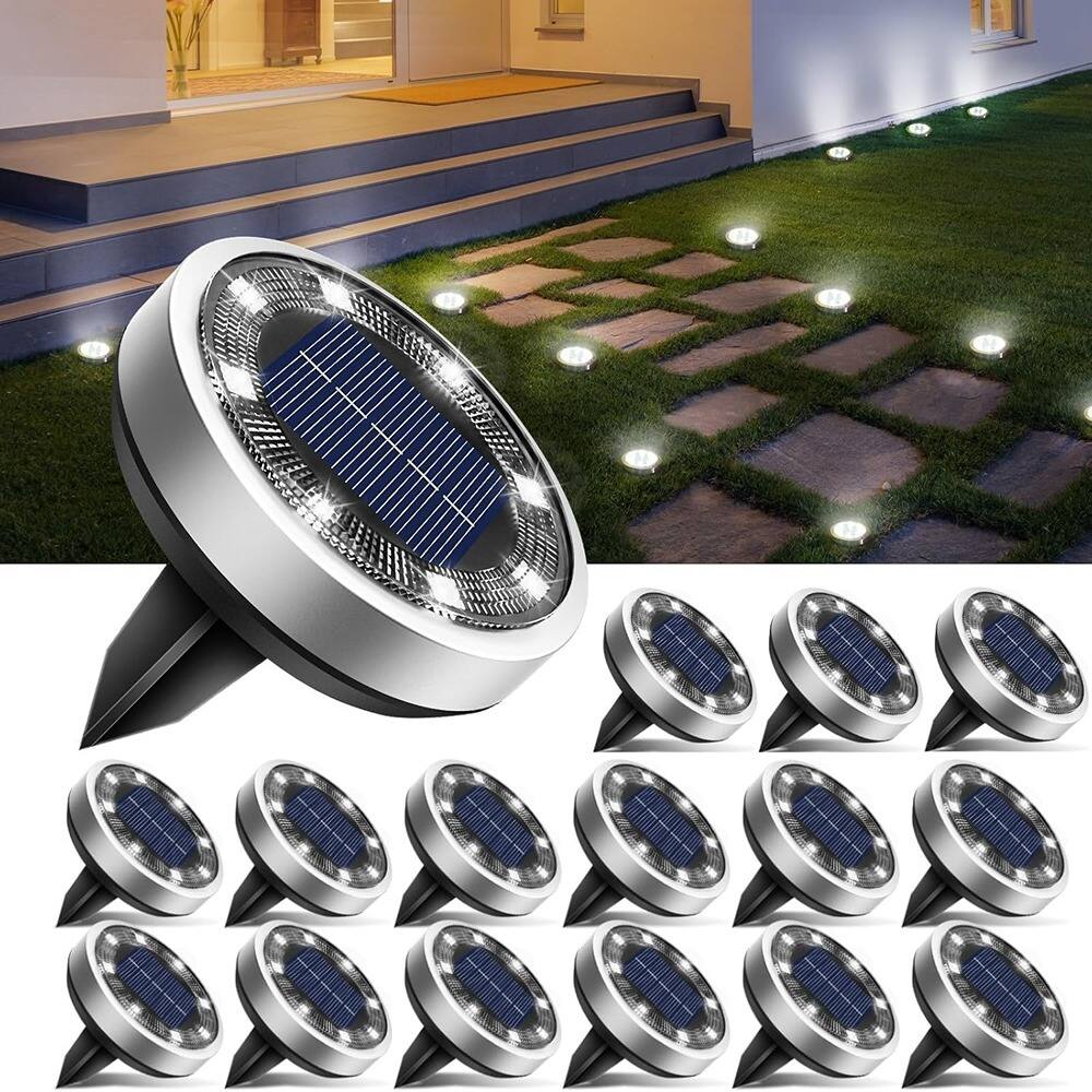 MOSZAR LLC - 16 Pack Solar Ground Lights Outdoor, 8 LED Solar Disc - Wh
