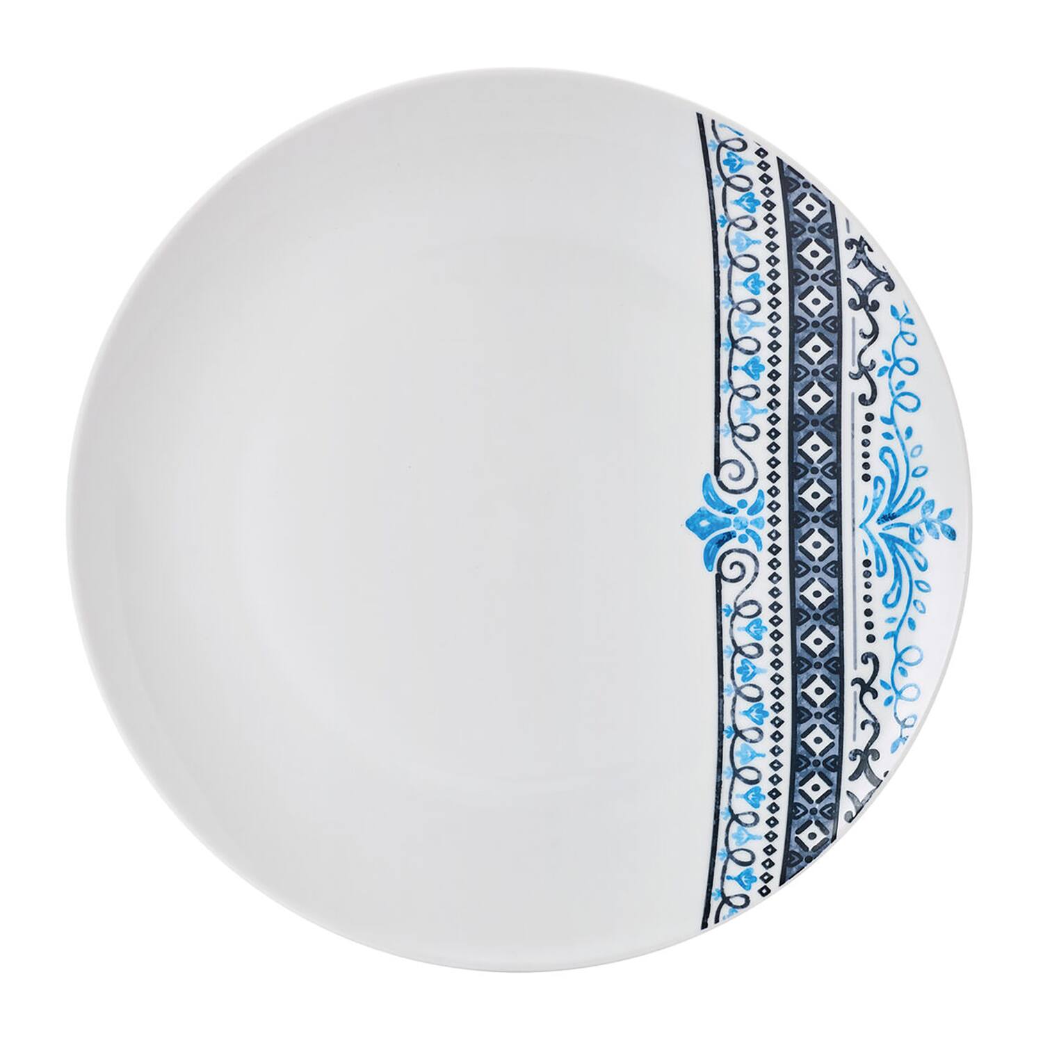 Left. Studio Nova - 12-Piece Porcelain Dinnerware Set Michele Pattern - White with Blue Vibrant Tones.