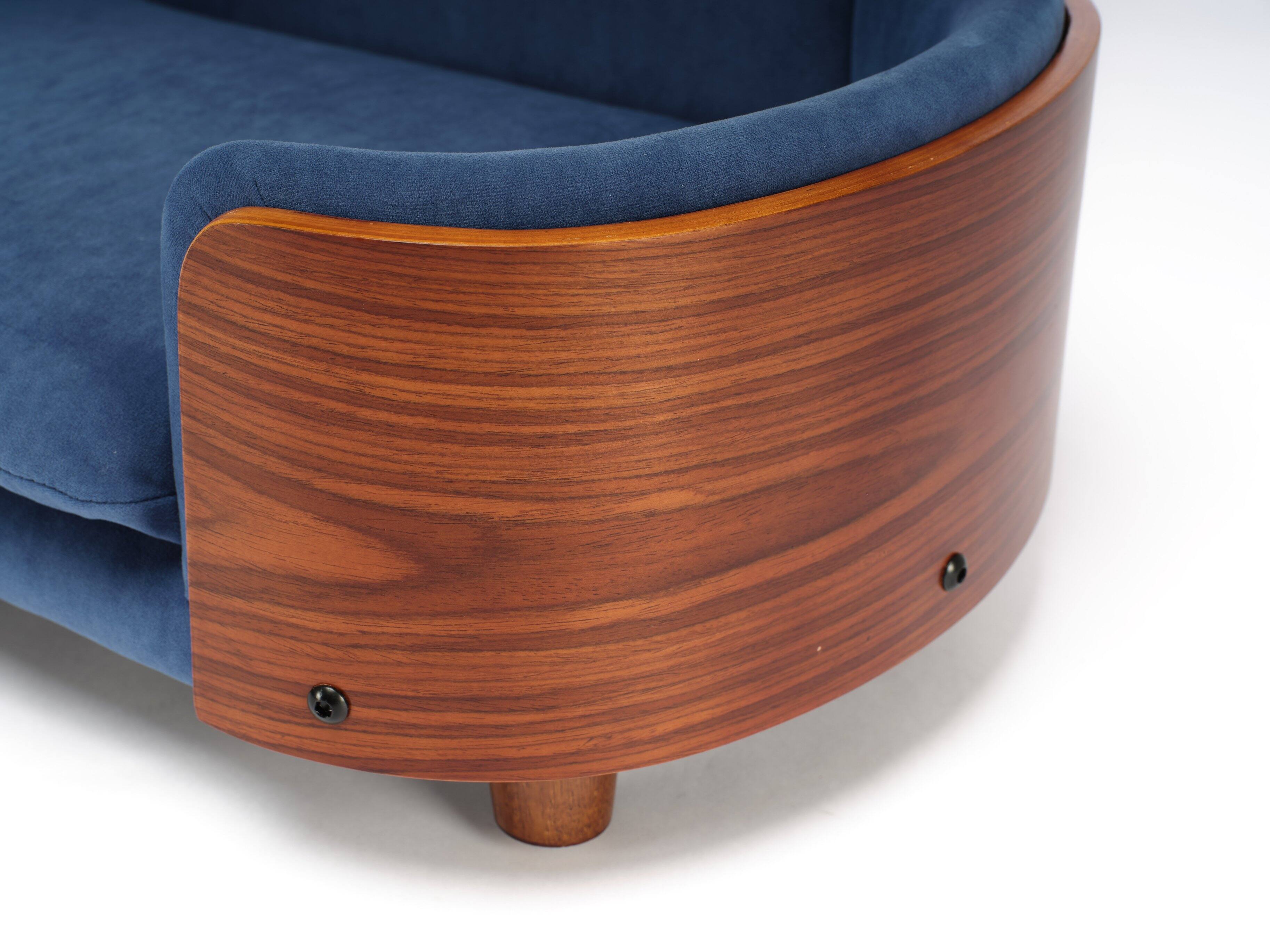 Alt View 9. Siljoy - Small Walnut Pet Sofa, Scandinavian Dog Bed with Solid Wood Legs & Dark Blue Velvet Cushion - Dark Blue.