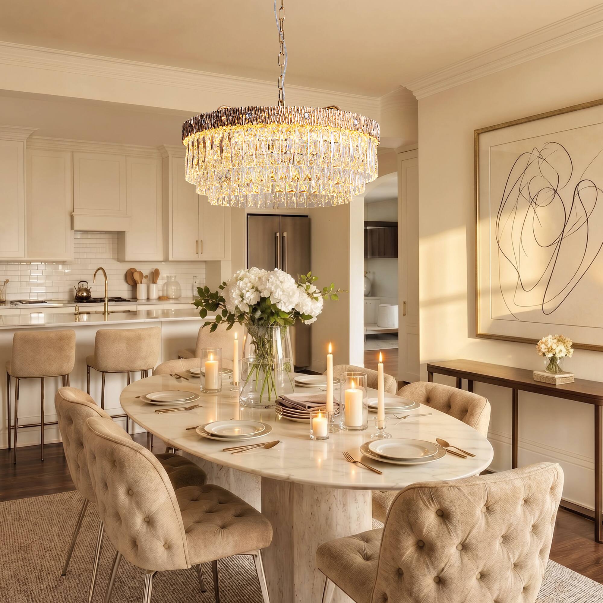 Left. Siljoy - 24 Inch Round Luxury Champagne Gold Multi-Layer Crystal Chandelier, Ceiling Pendant Light for Living Room and Foyer - Champagne Gold.