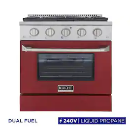 Kucht - 30" Dual Fuel Range for LP, SS/Classic Silver Knobs, Sealed Burners, Convection Oven - Red