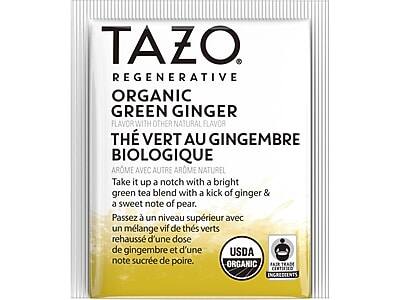 TAZO  
REGENERATIVE  

ORGANIC GREEN GINGER  
FLAVOR WITH OTHER NATURAL FLAVOR  
THÉ VERT AU GINGEMBRE BIOLOGIQUE  
ARÔME AVEC AUTRE ARÔME NATUREL  

Take it up a notch with a bright green tea blend with a kick of ginger & a sweet note of pear.  
Passez un niveau supérieur avec un mélange vif de thés verts rehaussé d'une dose de gingembre et d'une note sucrée de poire.  

USDA ORGANIC  
FAIR TRADE CERTIFIED INGREDIENTS