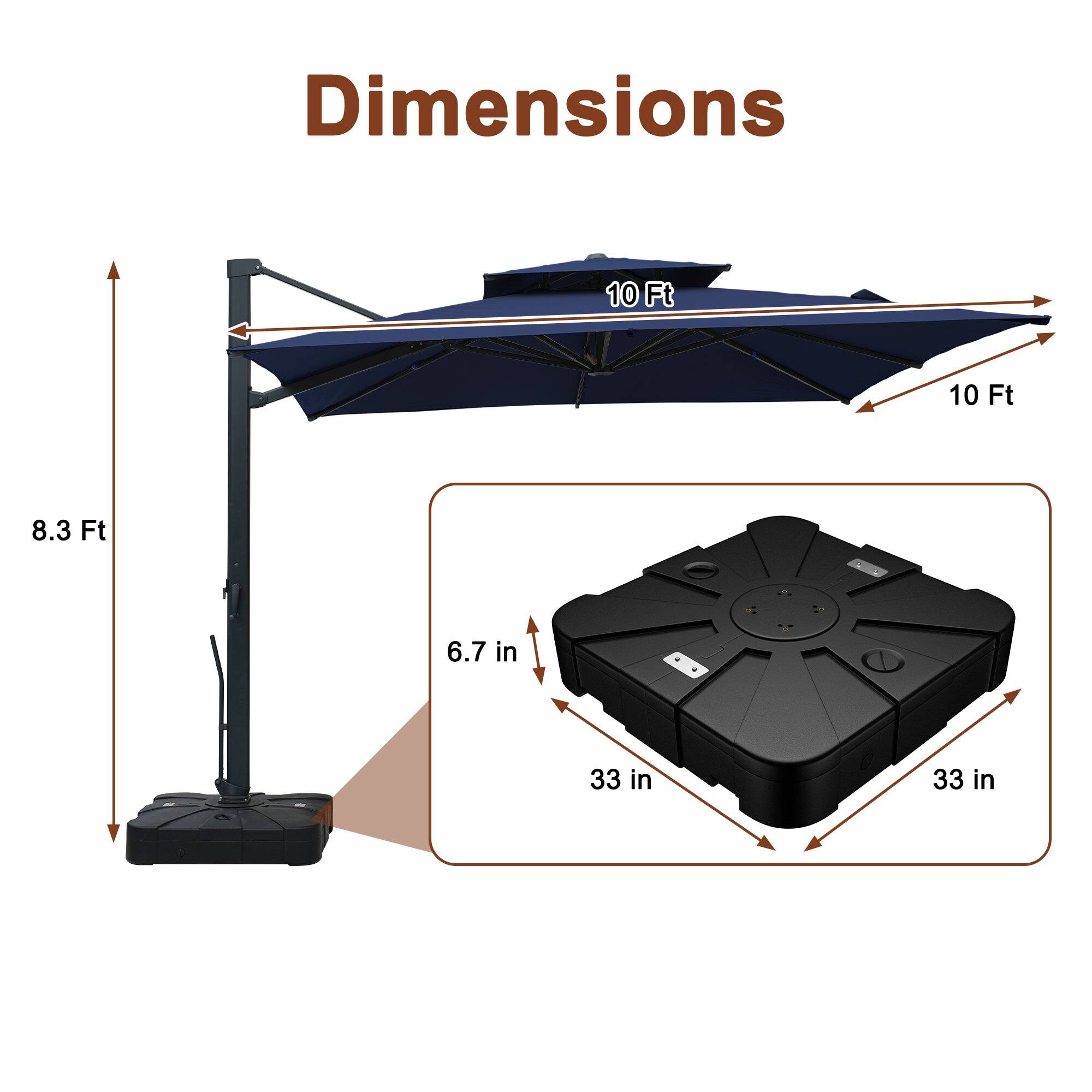 Dimensions:  
10 Ft x 10 Ft  
8.3 Ft (height)  
33 in x 33 in (base)  
6.7 in (thickness)