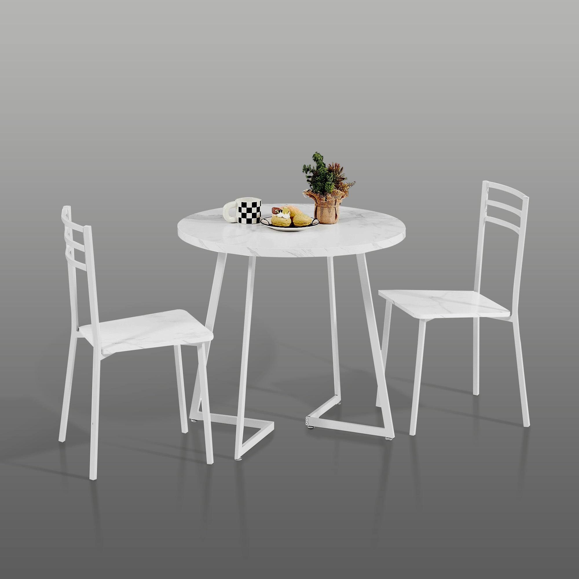 Front. Vecelo - Modern 3 Piece Round Dining Table Set for 2, Faux Marble Top, Metal Frame, Space-Saving Kitchen Table Set - White Imitation Marble.