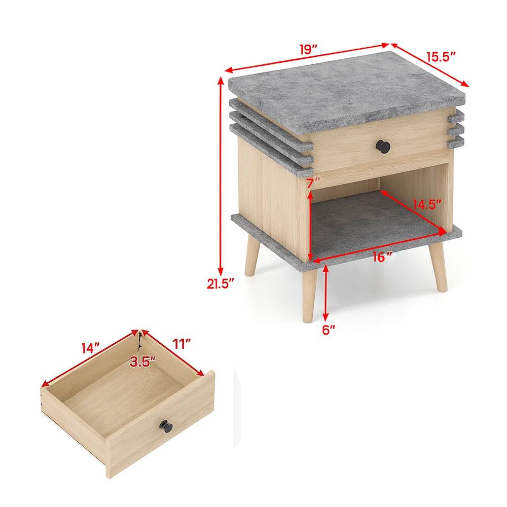 - Top surface: 19" x 15.5"
- Shelf: 14.5" x 16"
- Drawer: 14" x 11"
- Height: 21.5"
- Depth: 6"
- Shelf height: 7"
- Drawer height: 3.5"