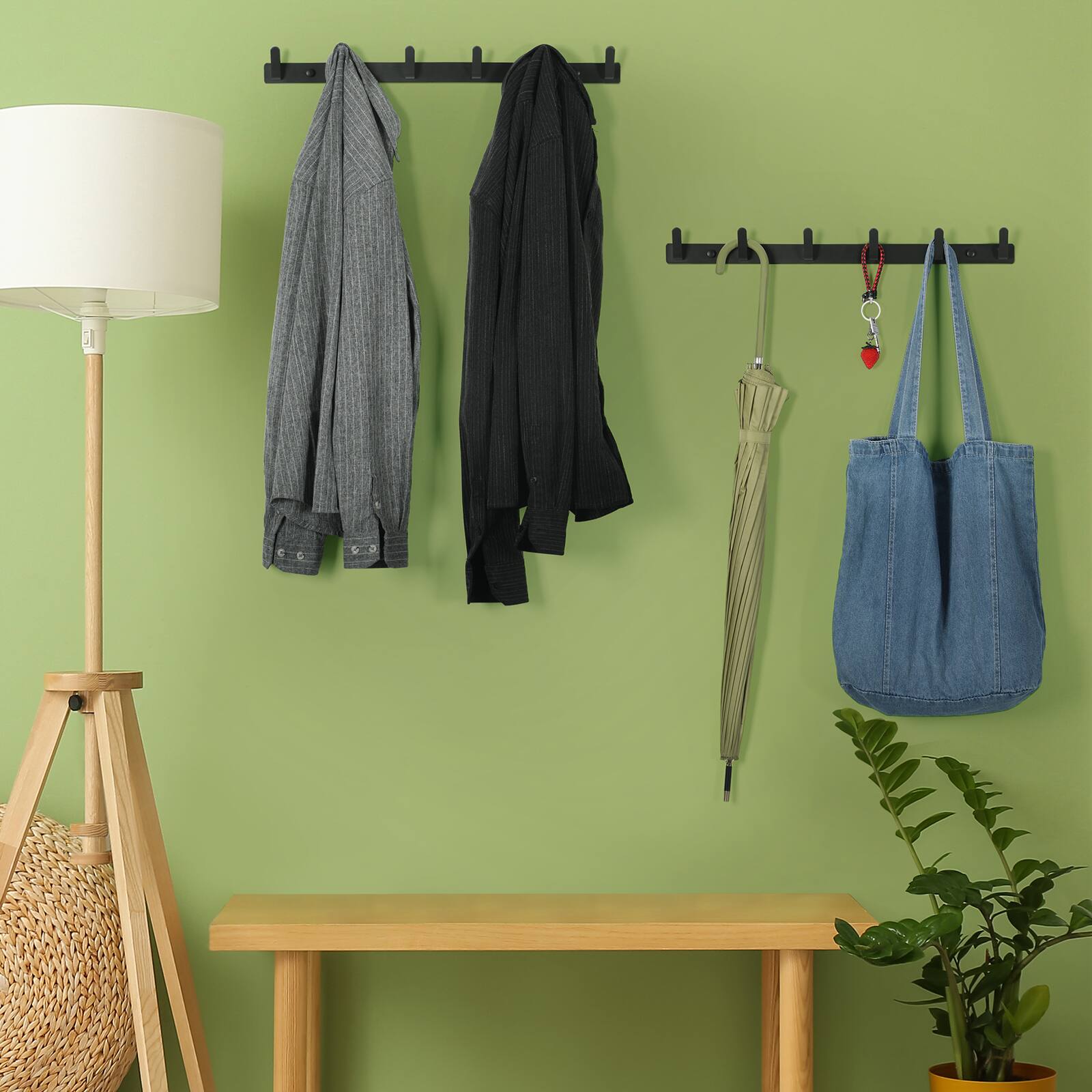 Alt View 1. Oumilen - Black Metal Wall Coat Rack with 6 Hooks – No Drill Adhesive Hanger for Coats, Hats, Towels, Entryway - Black.