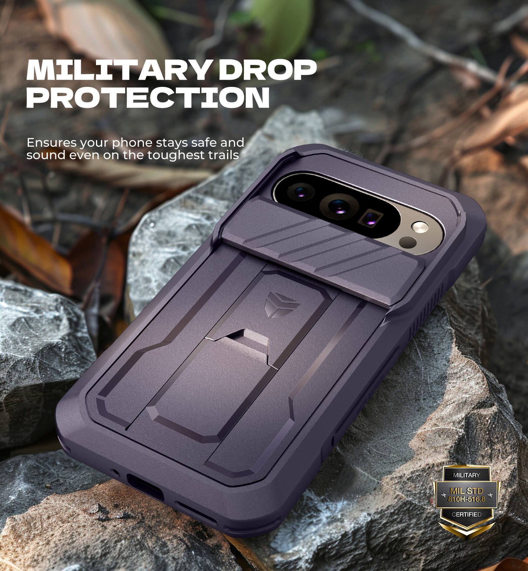 MILITARY DROP PROTECTION  
Ensures your phone stays safe and sound even on the toughest trails  

MILITARY  
MIL STD 810H-516.8 6.8 CERTIFIED