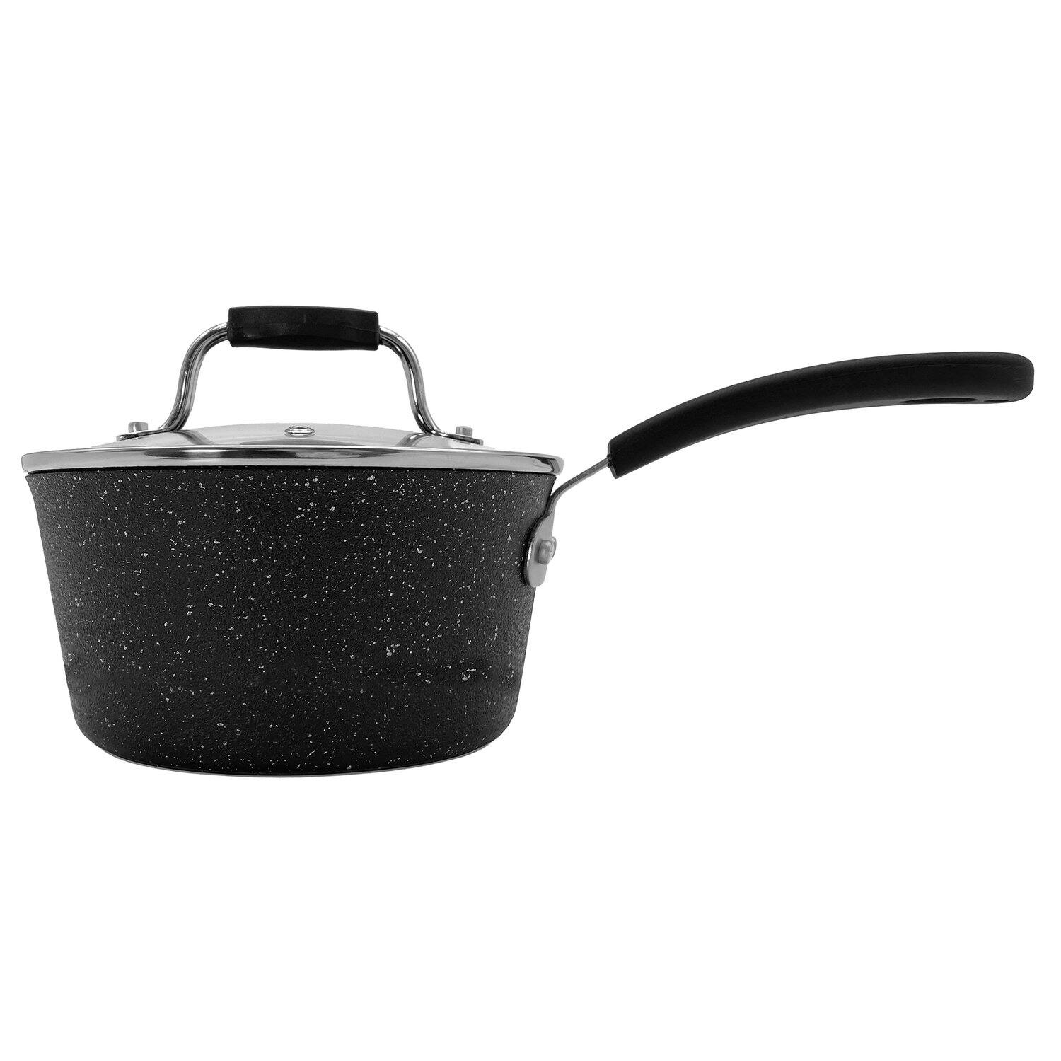 Back. THE ROCK by Starfrit - Terra Marble Non-Stick Saucepan with Bakelite Handle, 3 Qt. - Black.