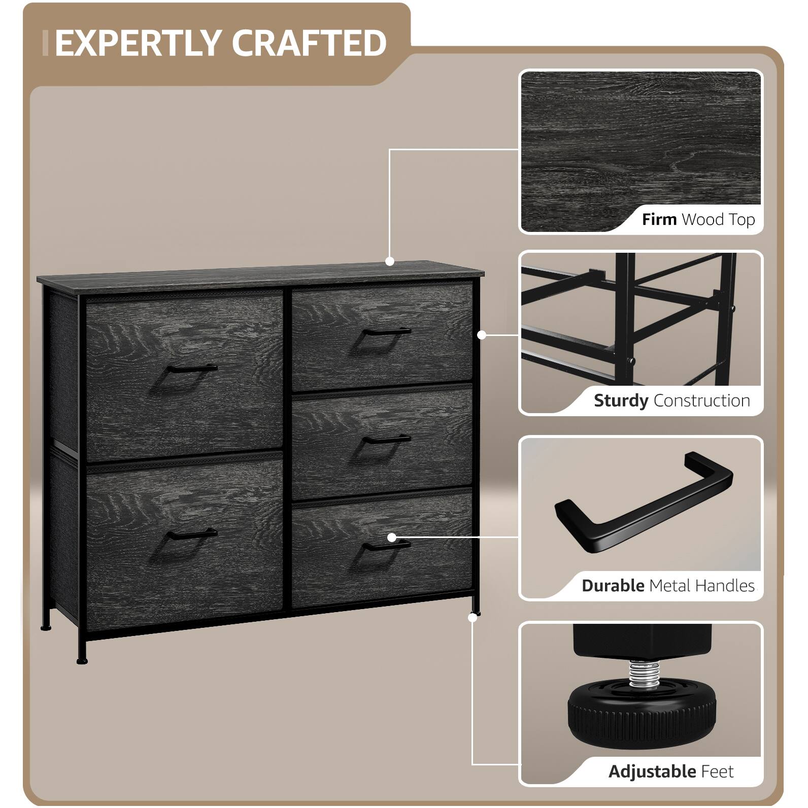 EXPERTLY CRAFTED

- Firm Wood Top
- Sturdy Construction
- Durable Metal Handles
- Adjustable Feet