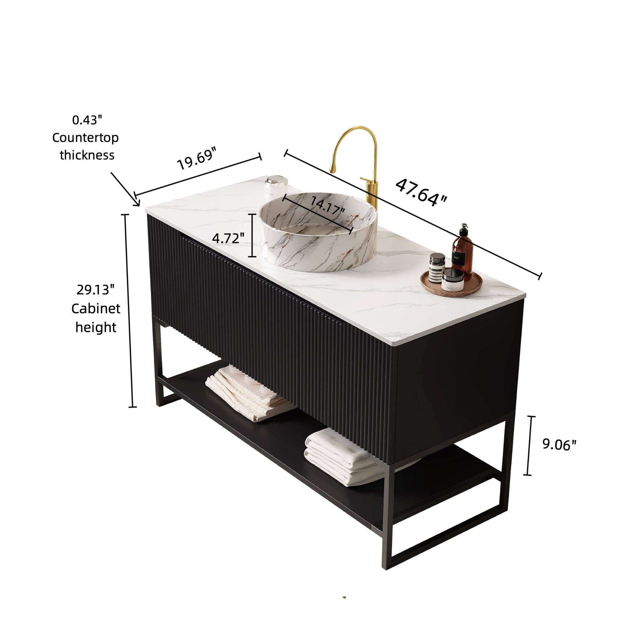 - Countertop thickness: 0.43"
- Cabinet height: 29.13"
- Sink dimensions: 19.69" x 14.17"
- Faucet height: 47.64"
- Shelf height: 9.06"