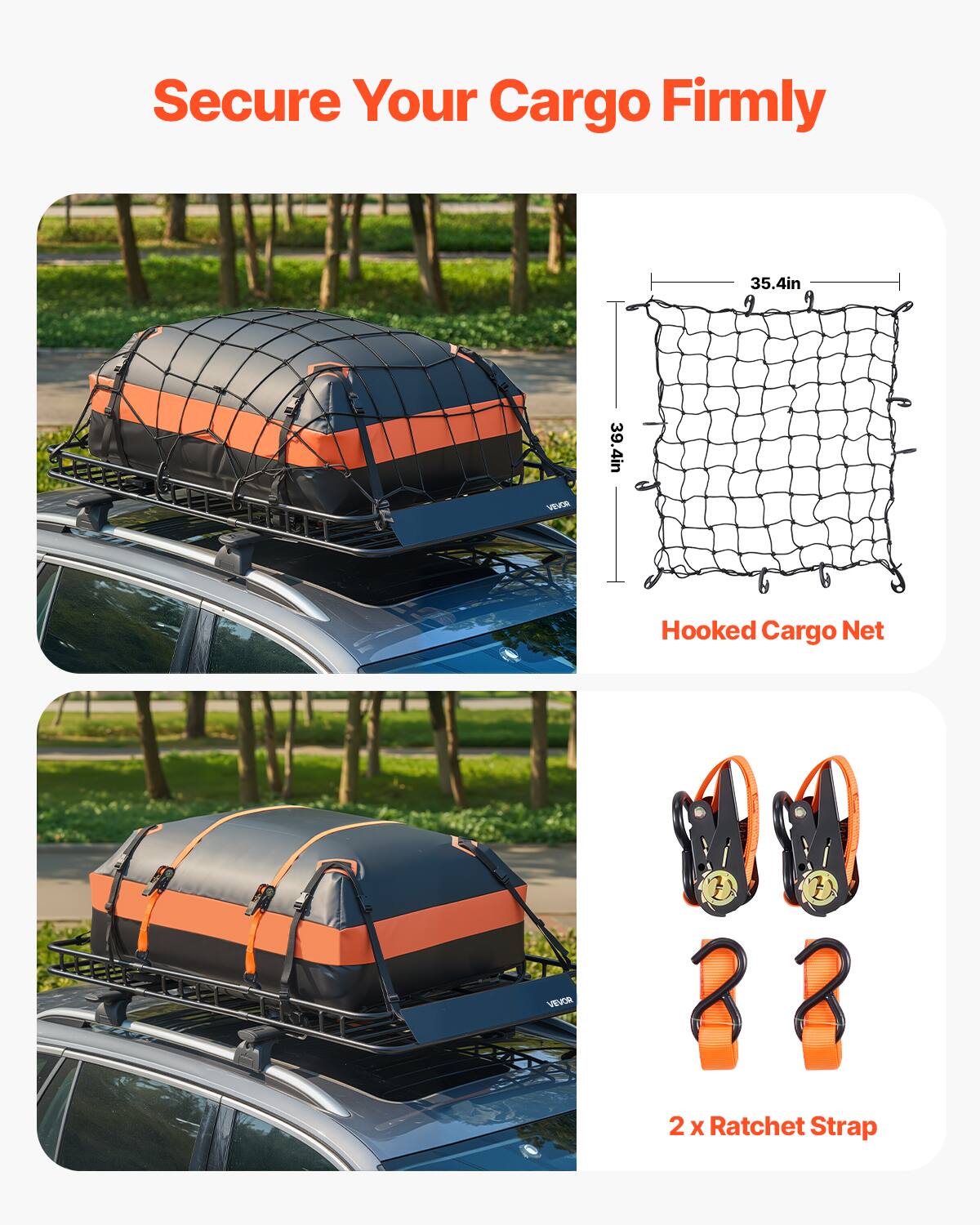 Secure Your Cargo Firmly

35.4in x 39.4in Hooked Cargo Net

2 x Ratchet Strap