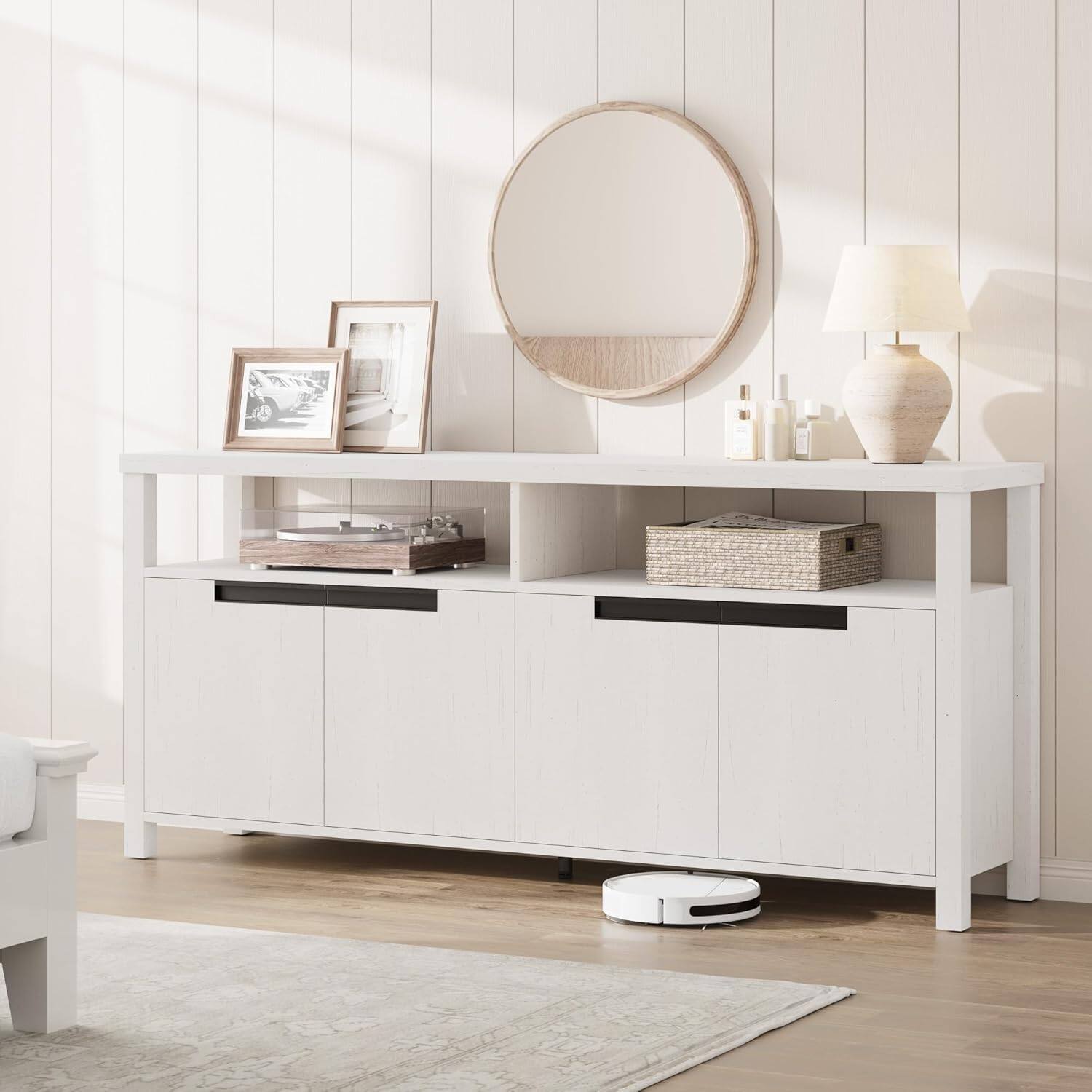 Left. Acekool - 63" Farmhouse TV Stand for 70" TV, Tall Entertainment Center with Storage and Open Shelf - Antique White.