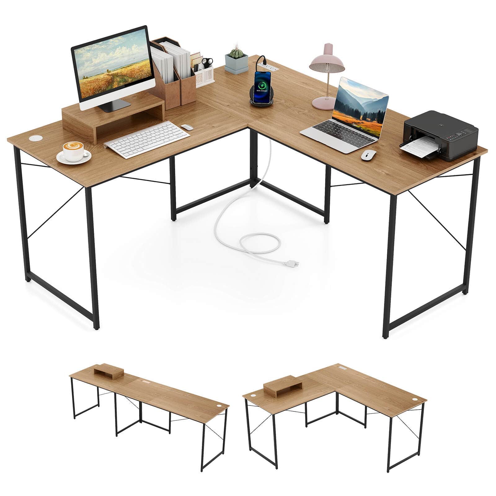 Front. Costway - Costway L-Shaped Reversible Computer Desk 2-Person Long Table w/Monitor Stand - Natural.