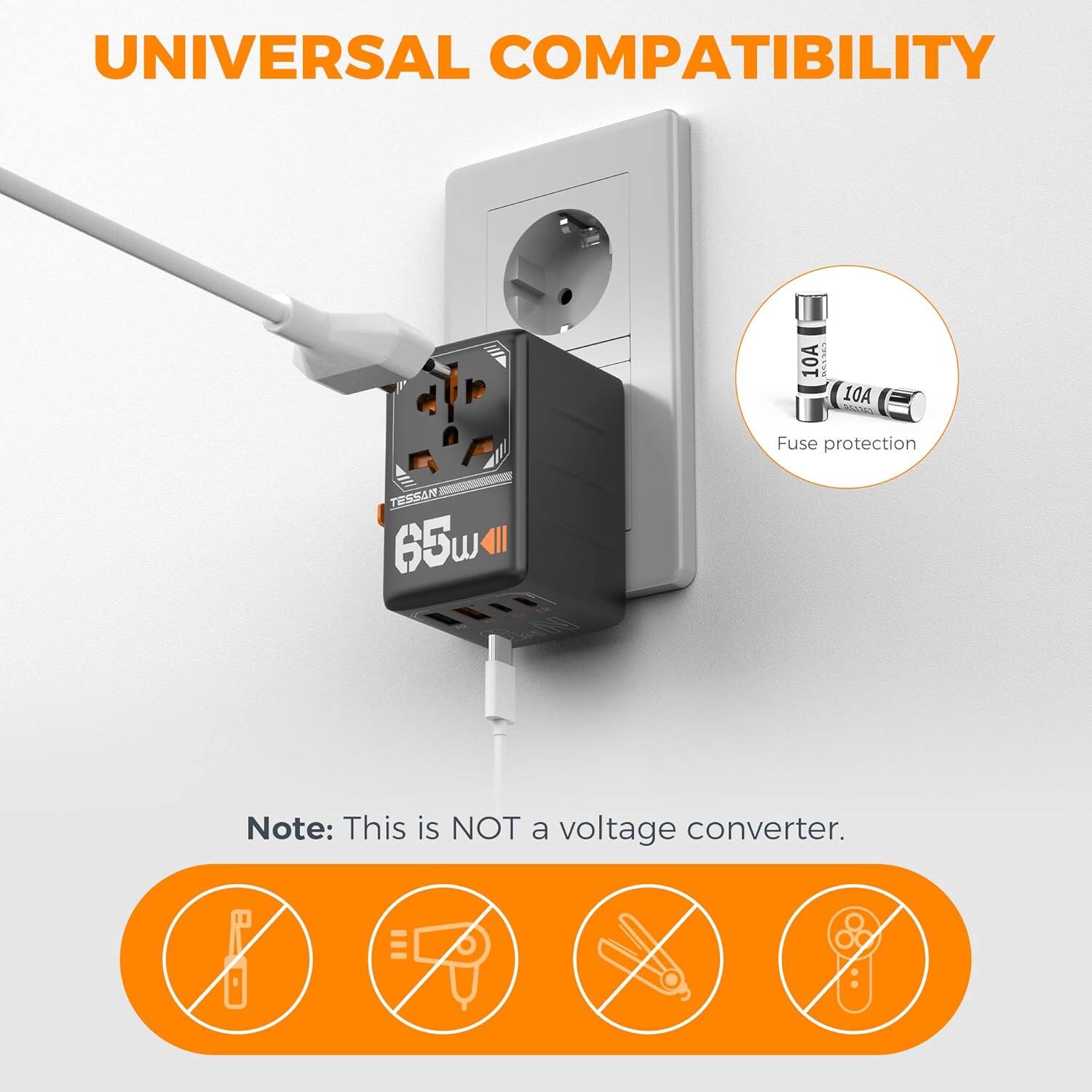 UNIVERSAL COMPATIBILITY

10A PE 10A SA

Fuse protection

TESSAN 65w

Note: This is NOT a voltage converter.