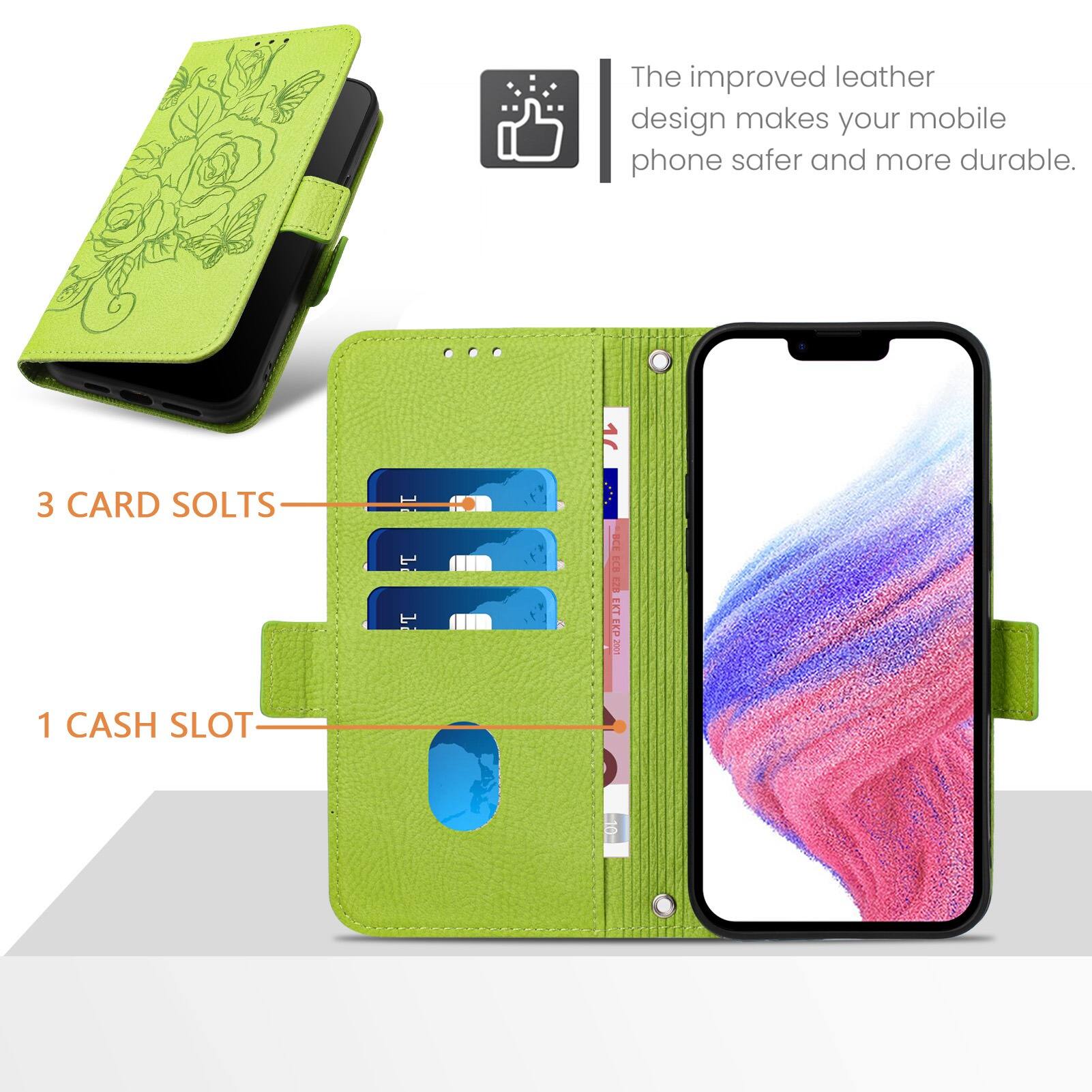 The improved leather design makes your mobile phone safer and more durable.

3 CARD SLOTS

1 CASH SLOT