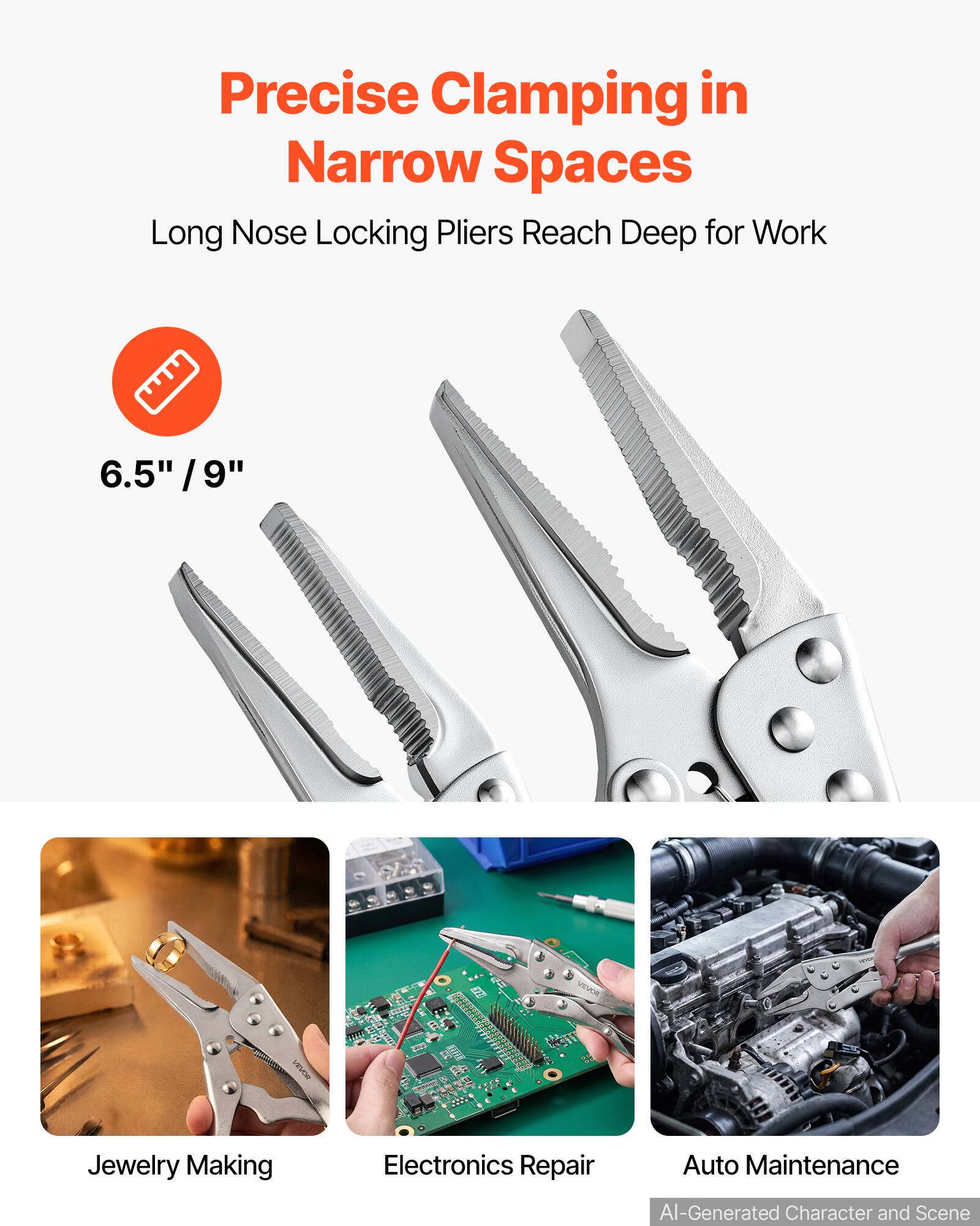 Precise Clamping in Narrow Spaces  
Long Nose Locking Pliers Reach Deep for Work  
6.5" / 9"  

Jewelry Making  
Electronics Repair  
Auto Maintenance  

AI-Generated Character and Scene