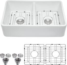 32x20 Inch Double Basin Farmhouse Kitchen Sink with Basket Strainer