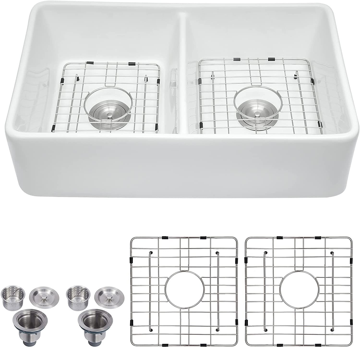 Front. TinyHomie - 32x20 Inch Double Basin Farmhouse Kitchen Sink with Basket Strainer - White.