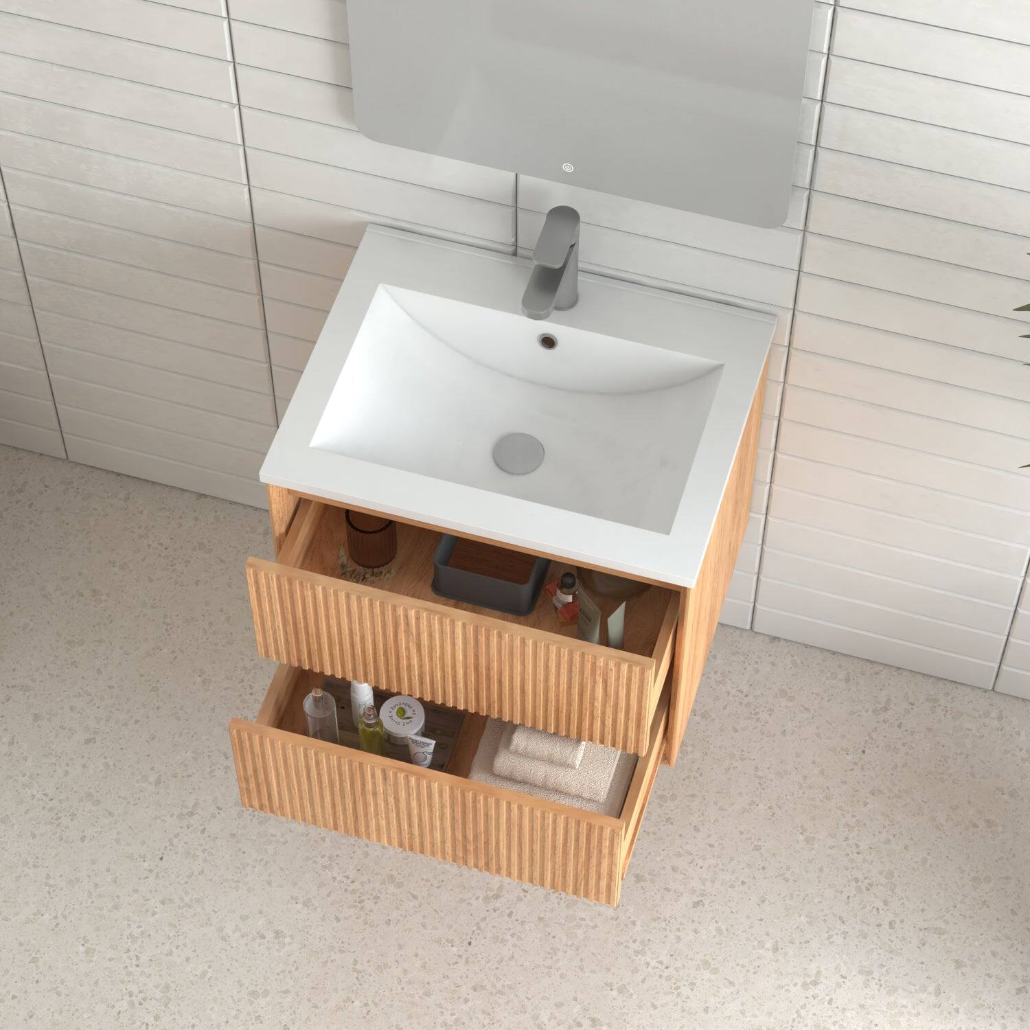 Alt View 7. Boyel Living - 24 in Floating Bathroom Vanity Set Wall-Mounted Solid Wood Cabinet with 2 Push-Open Drawers White Resin Integrated Basin - Walnut.