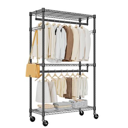 Front. Hirose Alice - Heavy Duty Rolling Garment Rack 3 Tiers Wire Shelving Clothes Rack with Rods and Side Hooks Storage Closet - Black 3 Tier with 2 rod, 15.7"D x 29.5"W x 74.5"H.