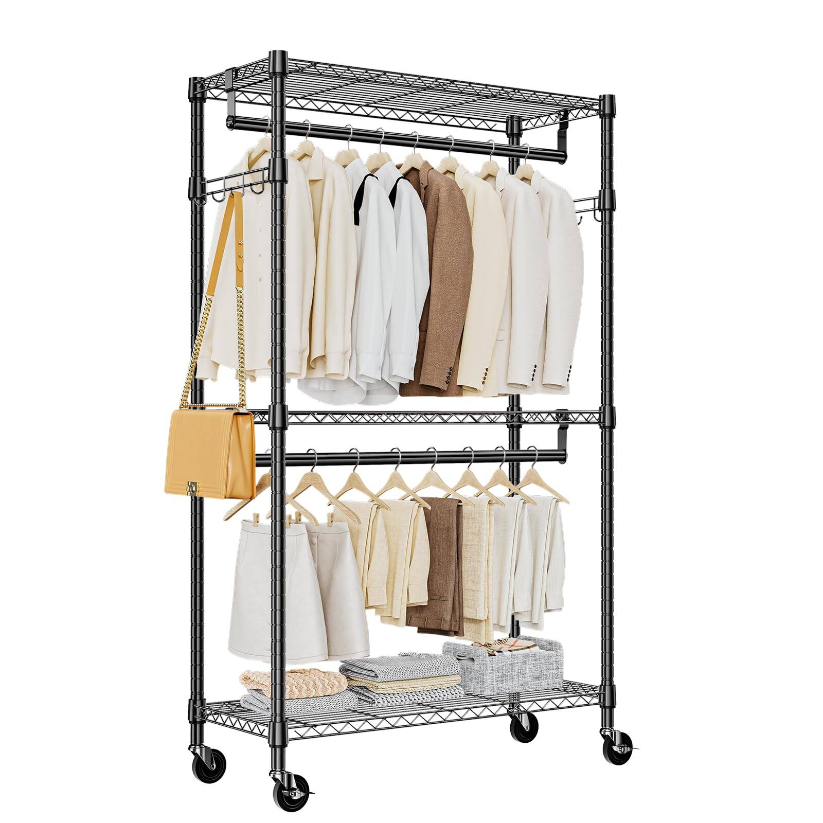 Front. Hirose Alice - Heavy Duty Rolling Garment Rack 3 Tiers Wire Shelving Clothes Rack with Rods and Side Hooks Storage Closet - Black 3 Tier with 2 rod, 15.7"D x 29.5"W x 74.5"H.